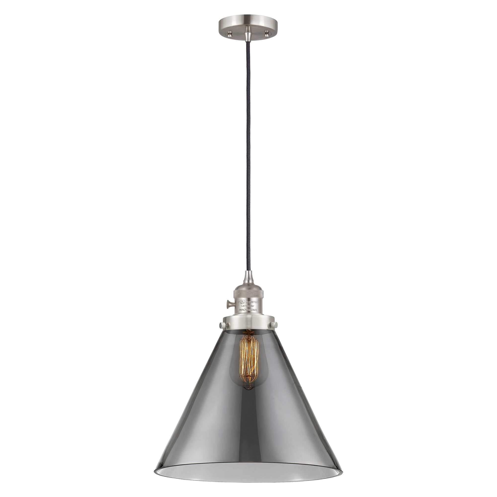Shown in Brushed Satin Nickel finish and Plated Smoke glass