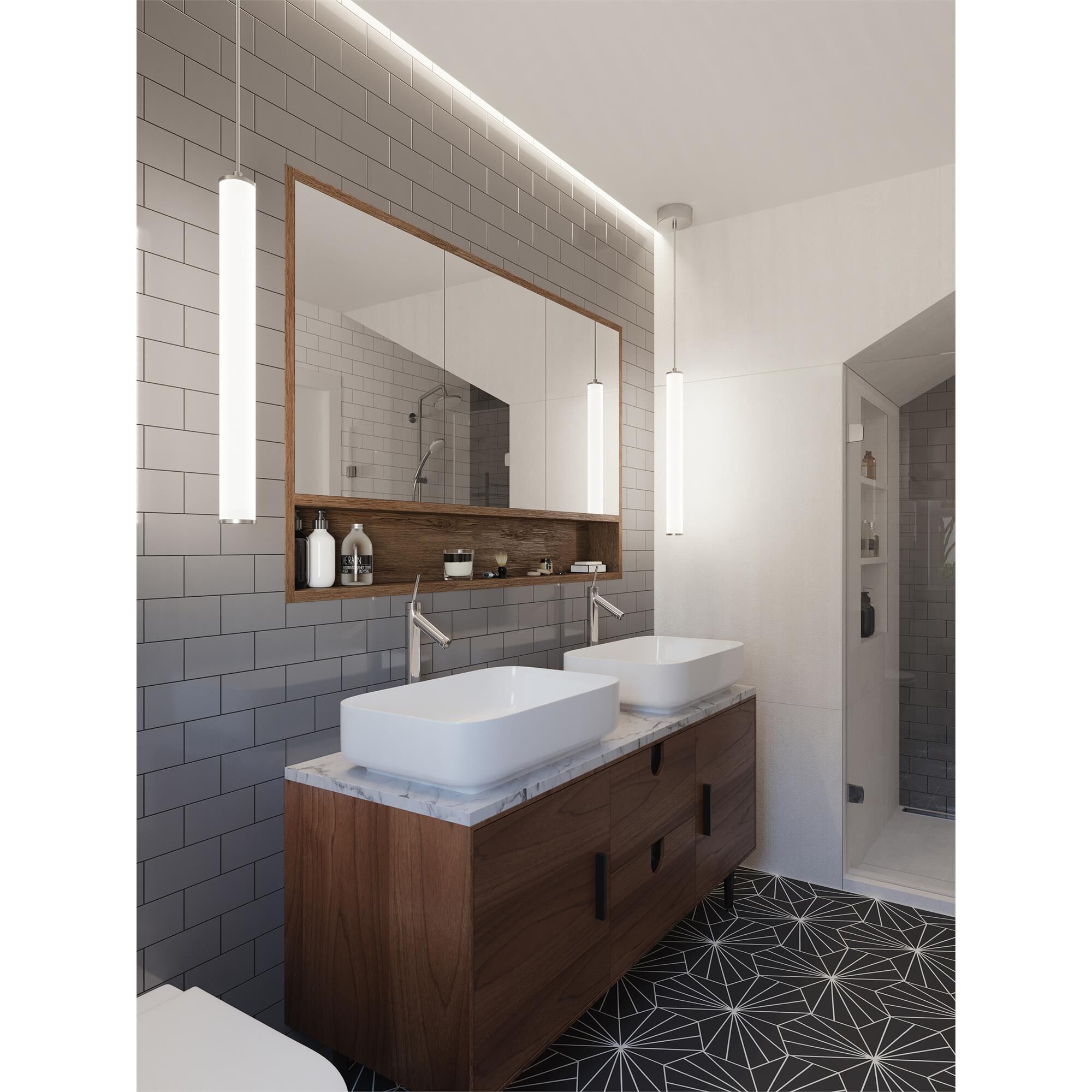 Shown in Satin Nickel finish and White Acrylic shade