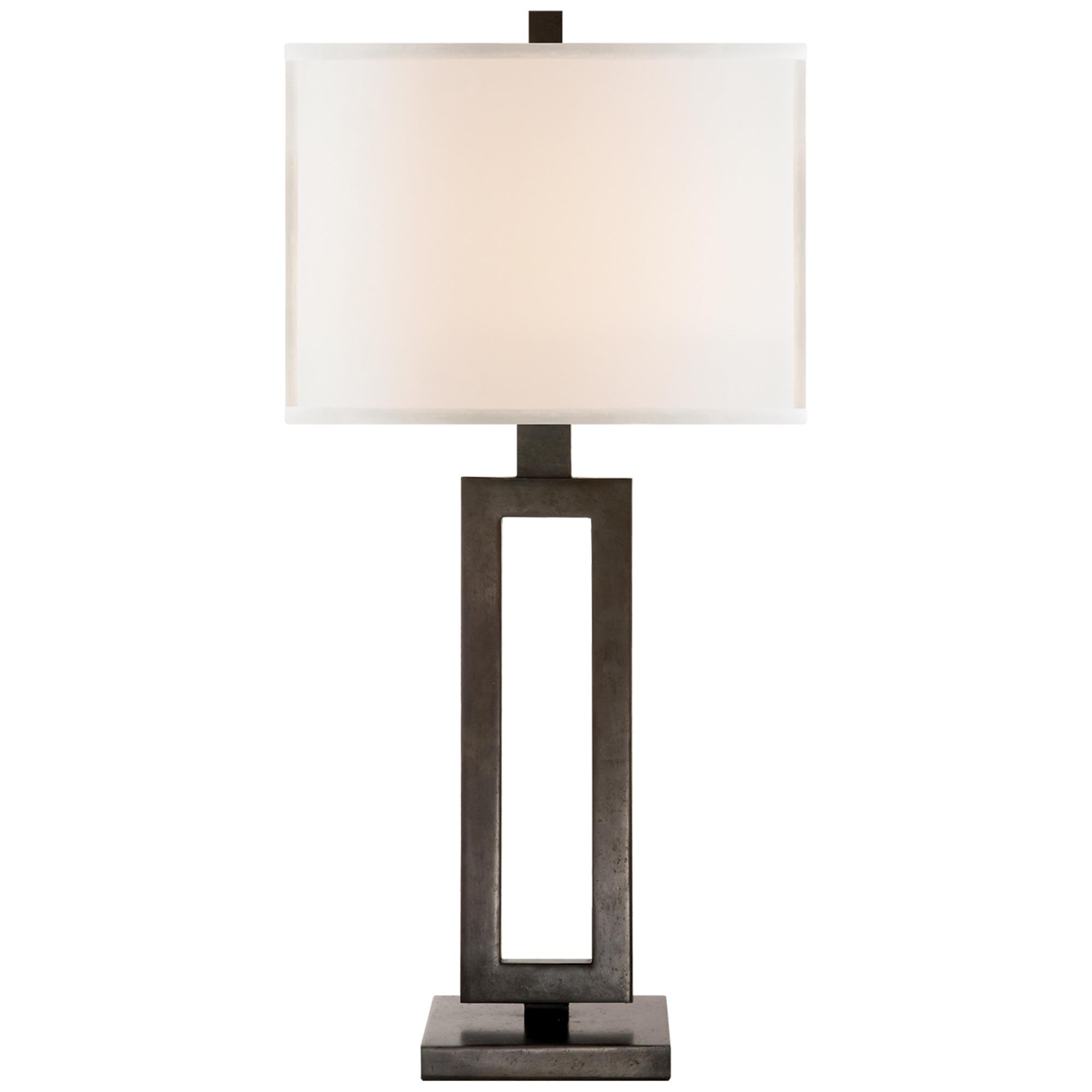 Shown in Aged Iron finish and Linen Rectangle shade