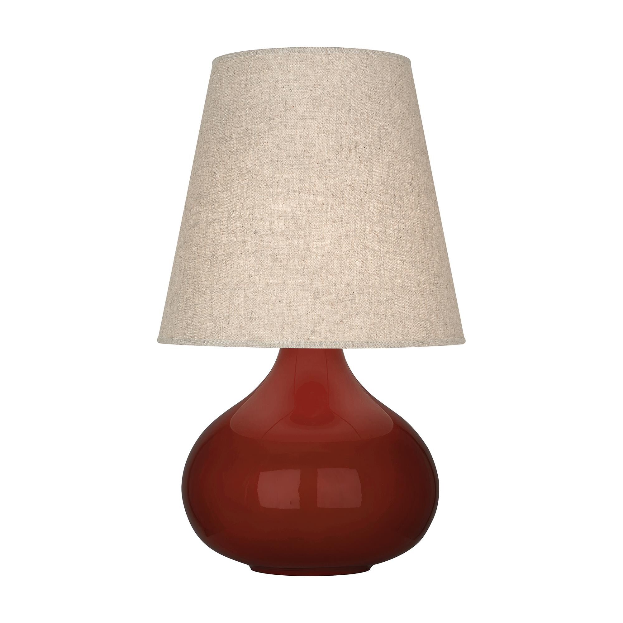 Shown in Oxblood Glazed Ceramic finish and Buff Linen shade