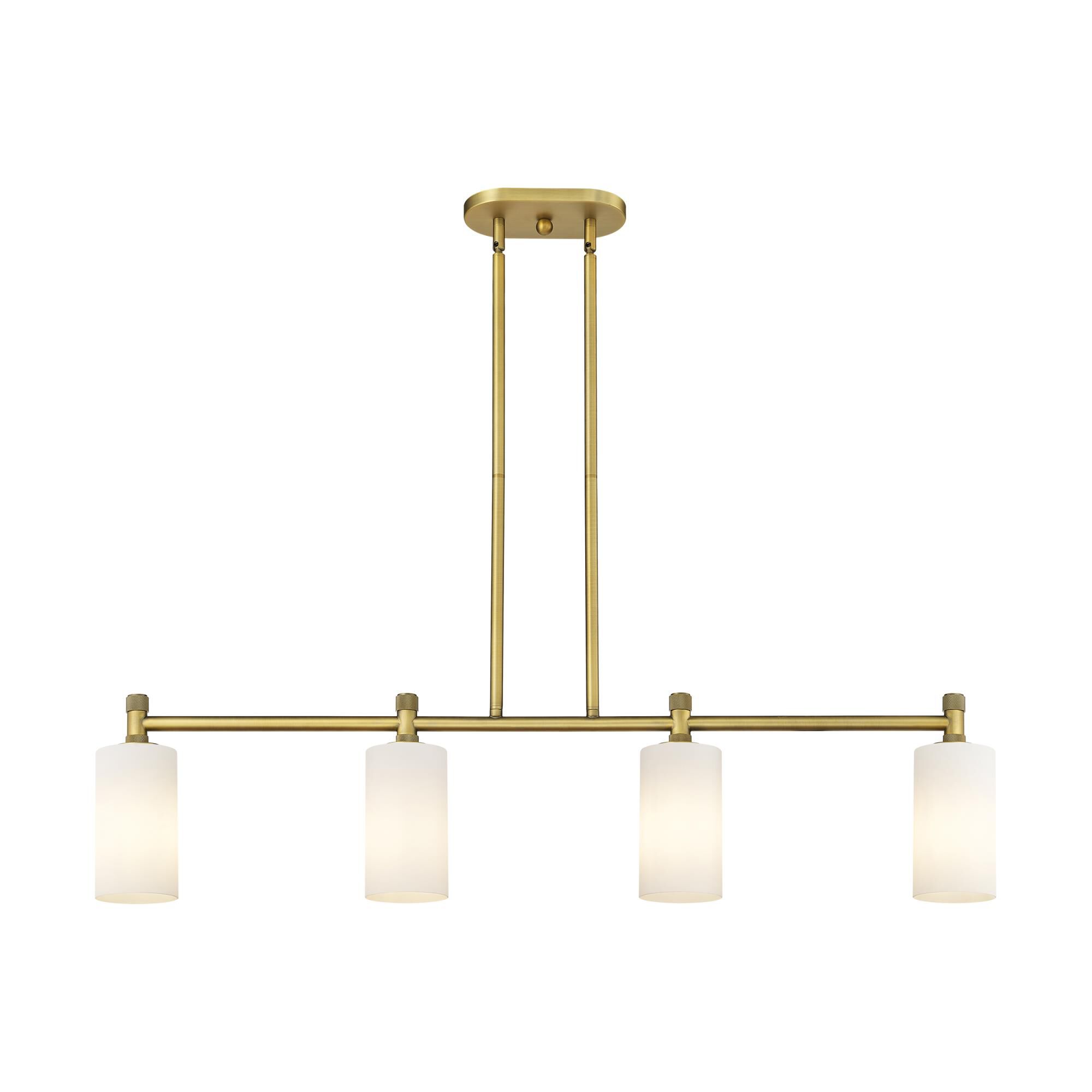 Shown in Brushed Brass finish and Matte White glass