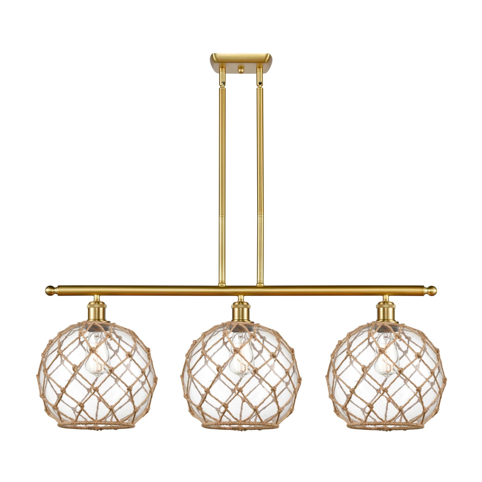 Shown in Satin Gold finish and Clear Large Farmhousewith Brown Rope glass