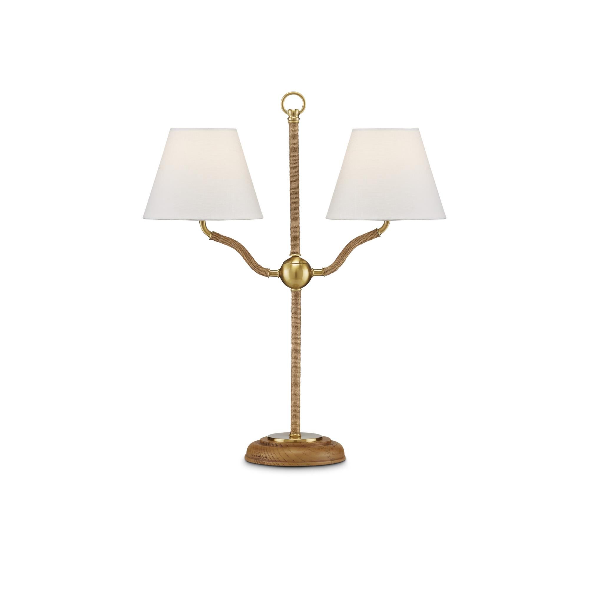 Shown in Natural/Antique Brass finish and Off-White Linen shade