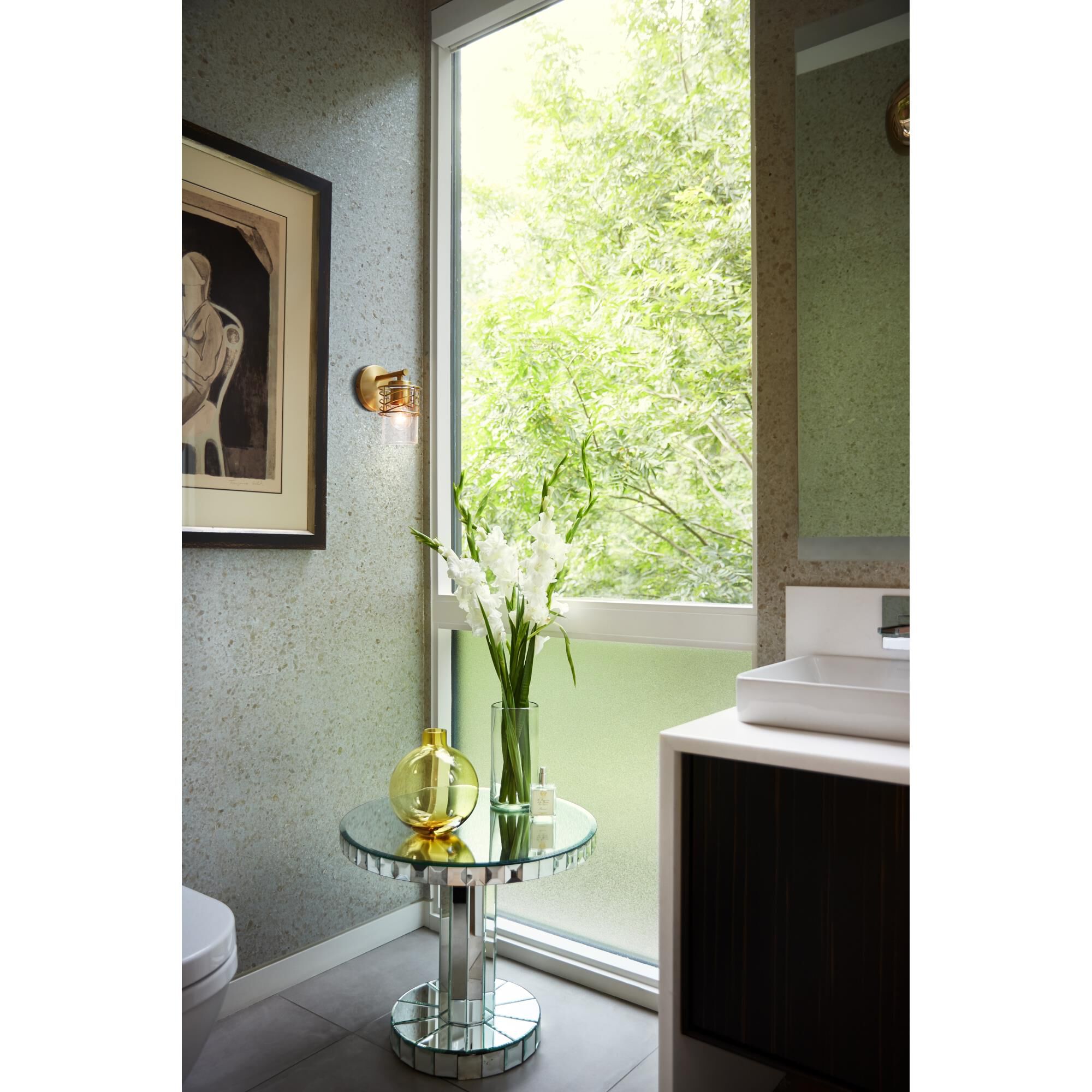 Shown in Lacquered Brass finish and Clear glass