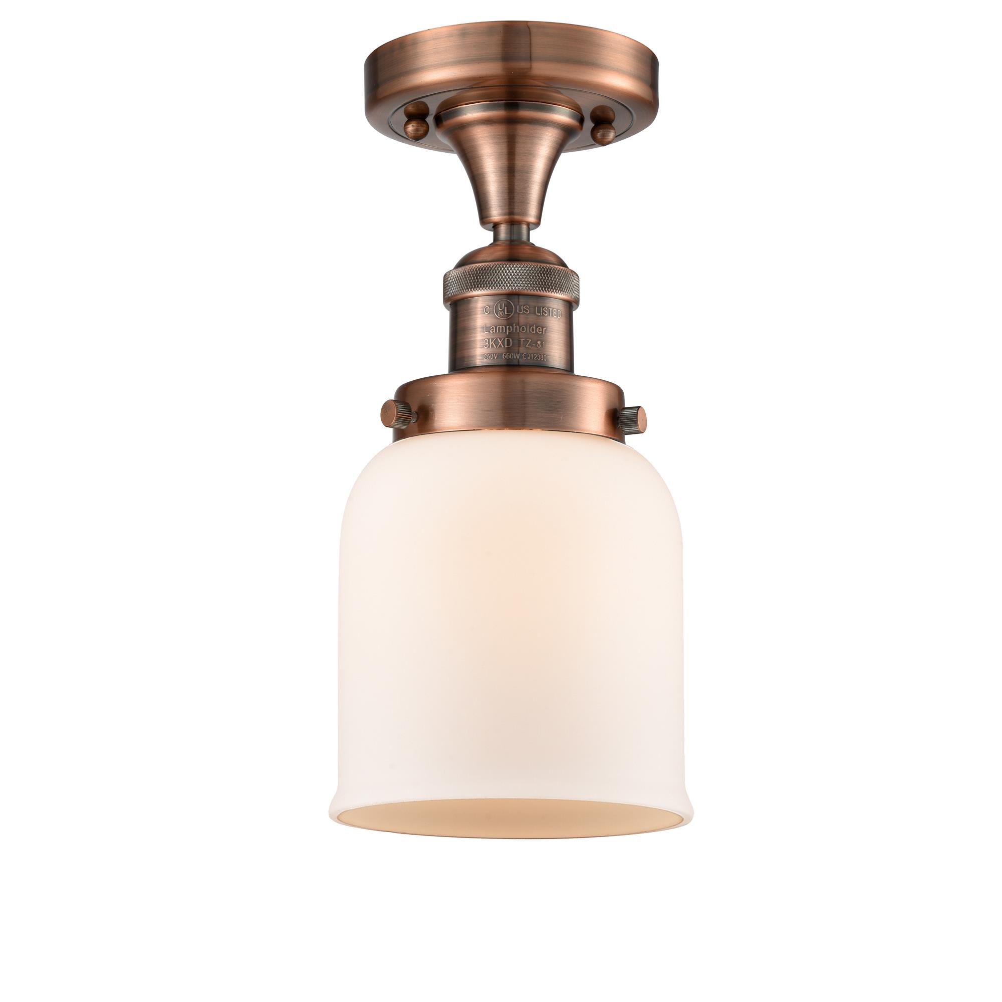 Shown in Antique Copper finish and Matte White Cased glass