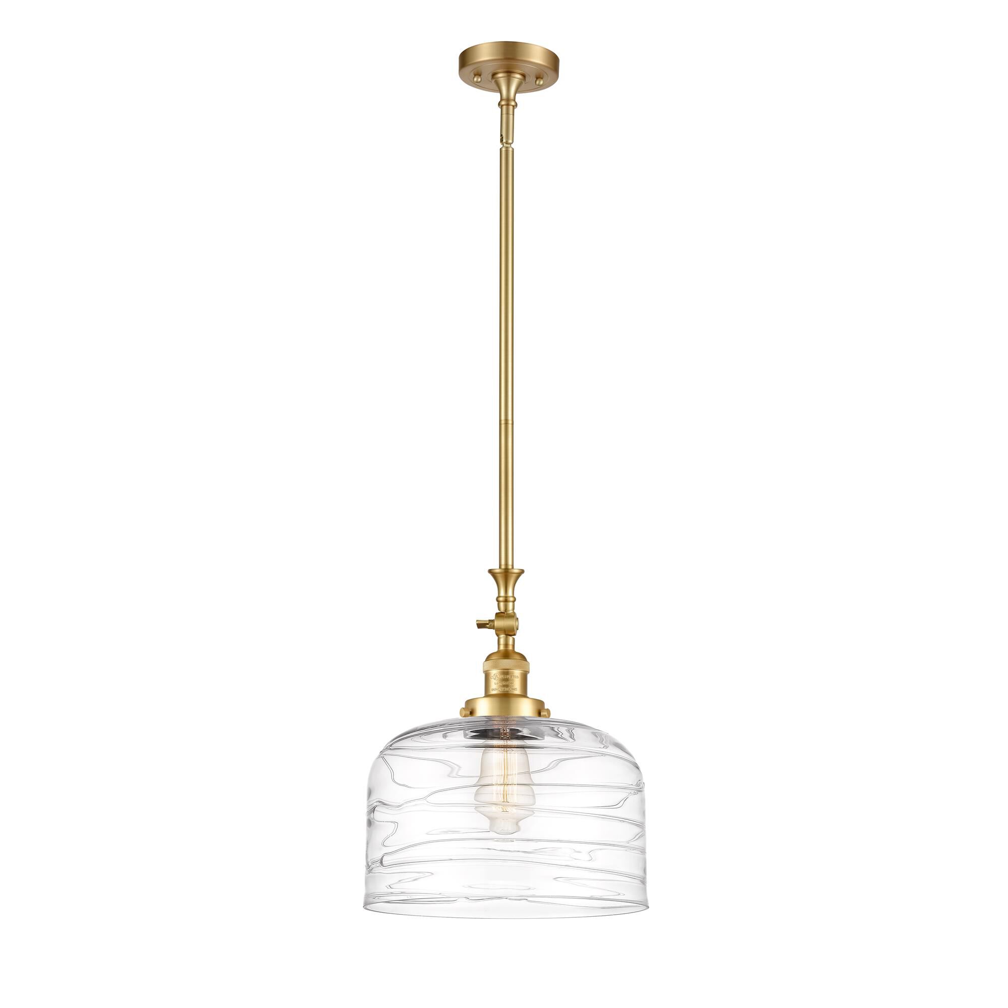 Shown in Satin Gold finish and Clear Deco Swirl X-Large Bell glass