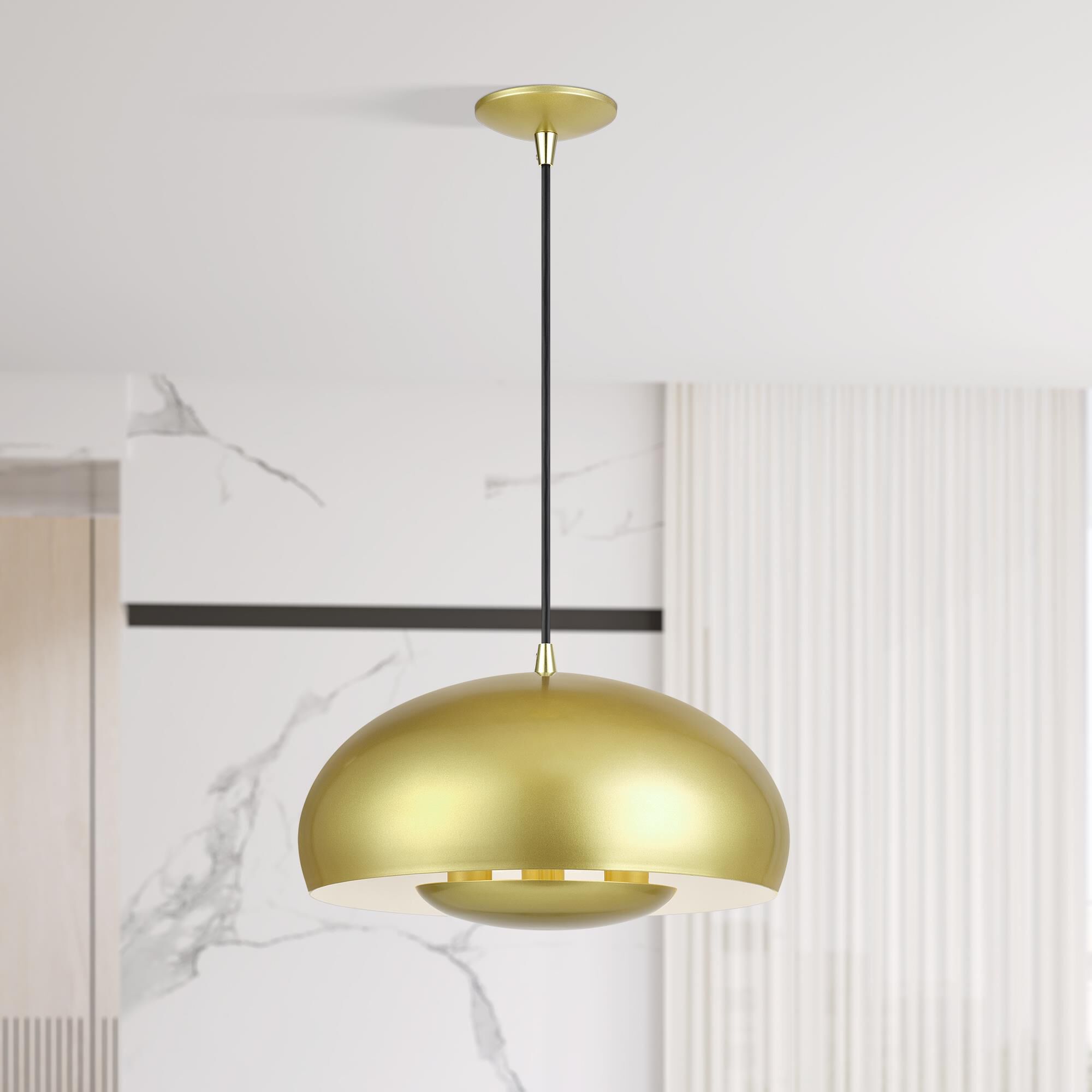 Shown in Soft Gold with Polished Brass Accents finish and Soft Gold Steel with Shiny White Inside shade