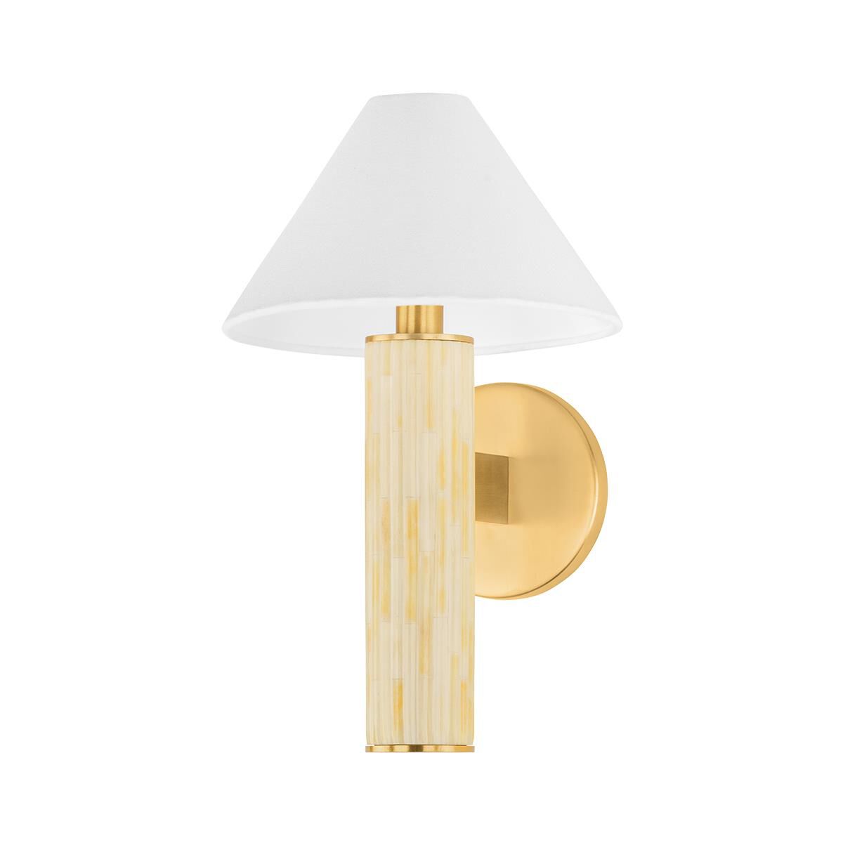 Shown in Aged Brass finish and White Linen shade