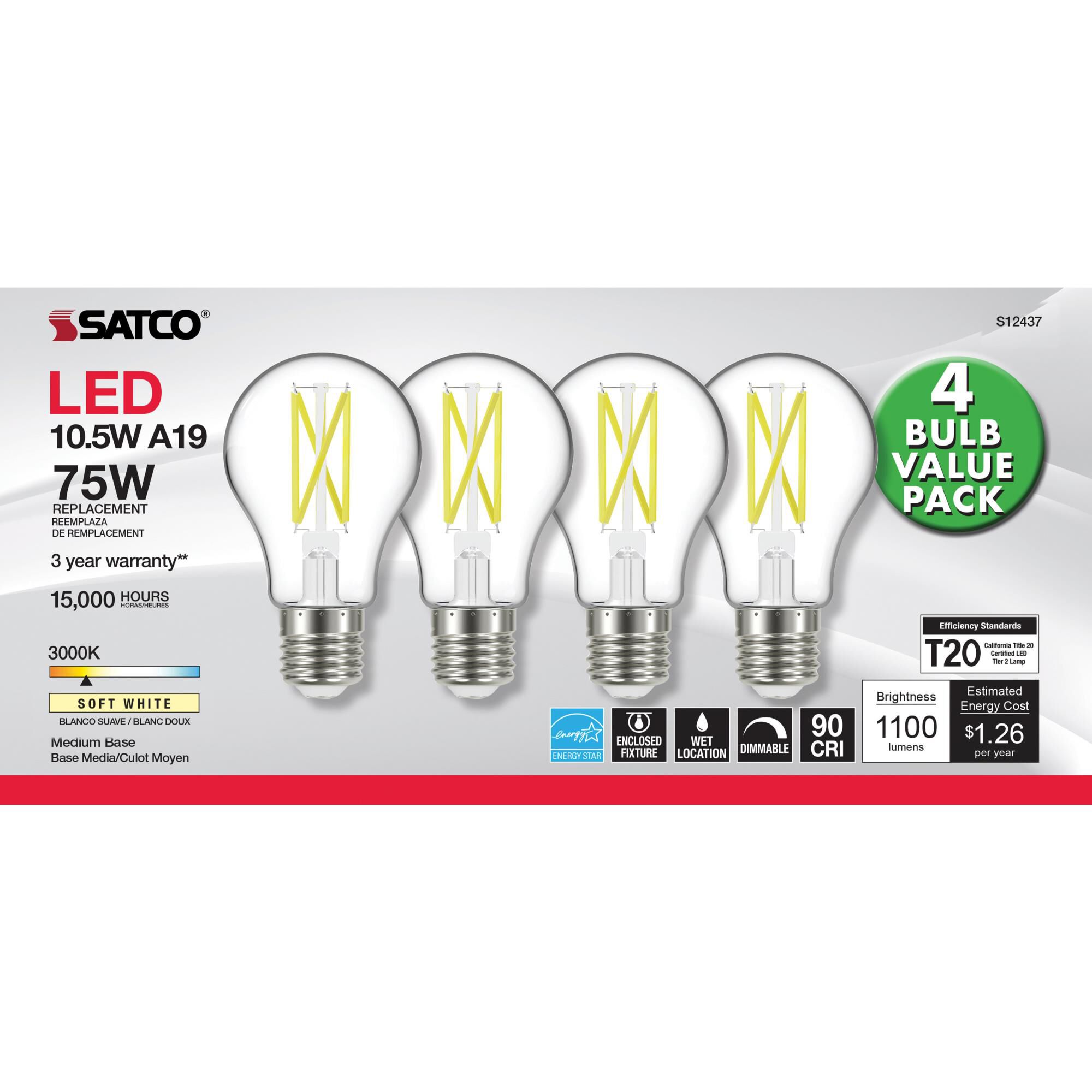 Dimmable 10.5 Watt 3000K A19 LED Light Bulb by Satco