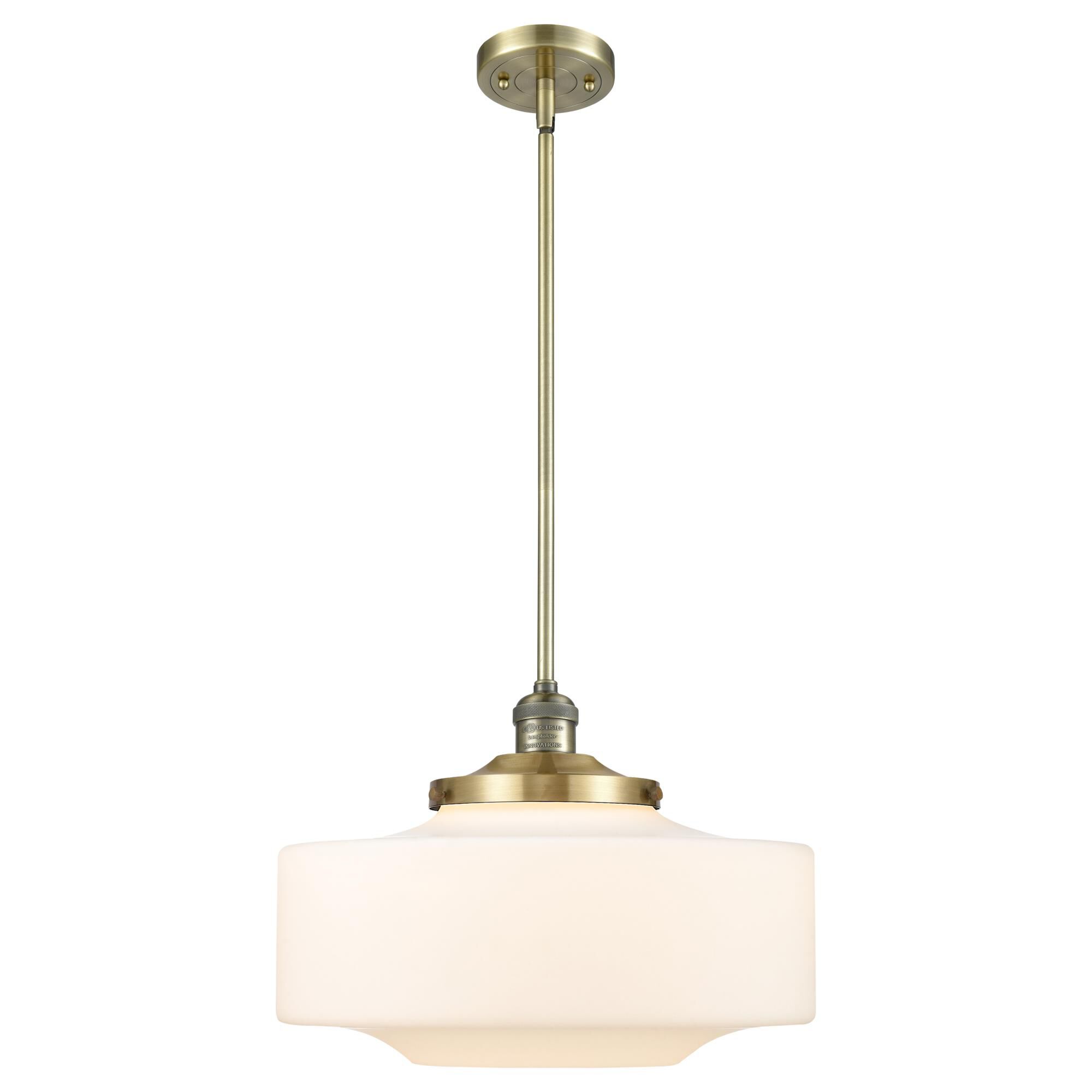 Shown in Antique Brass finish and Matte White Cased Large Bridgeton glass