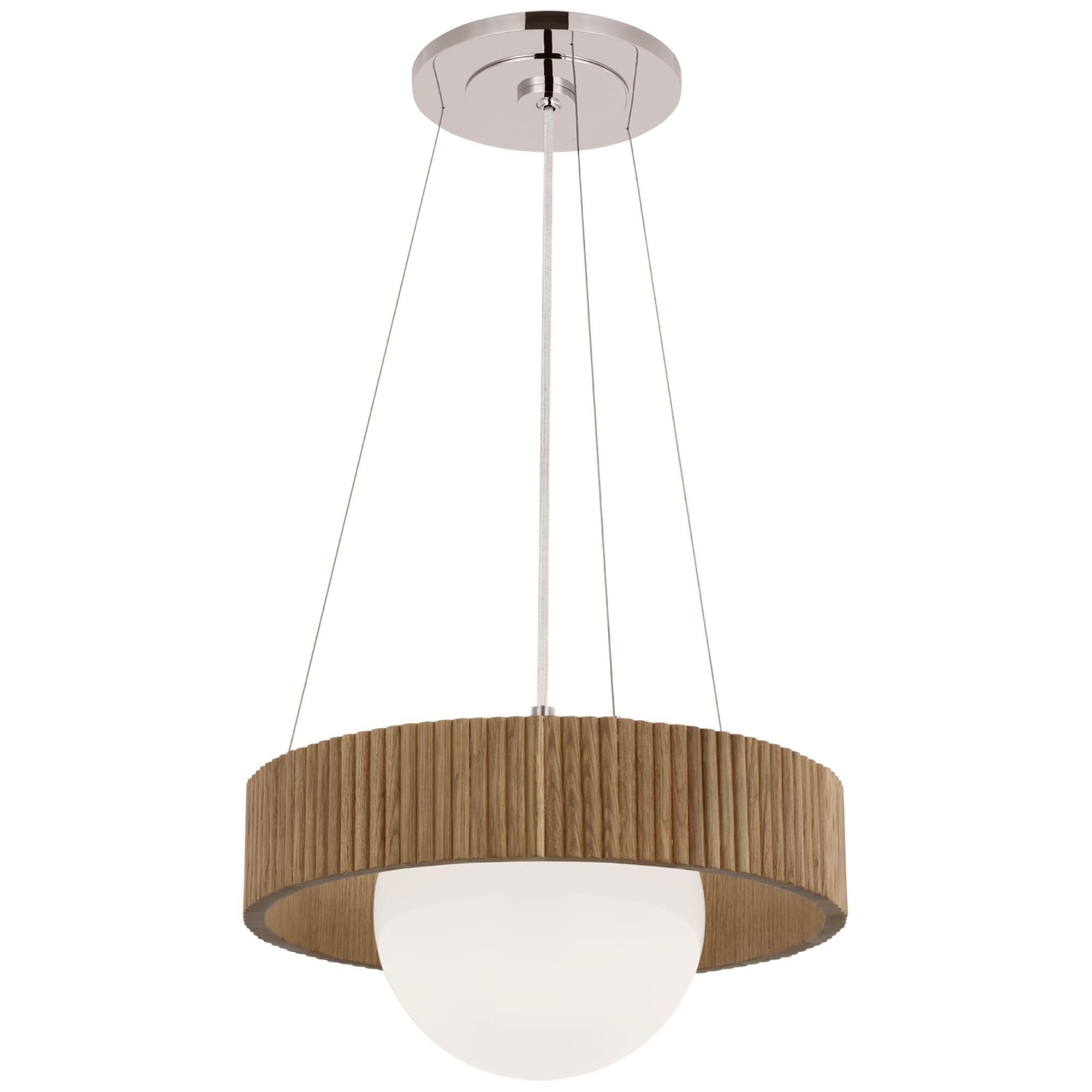 Shown in Polished Nickel and Natural Oak finish and White glass