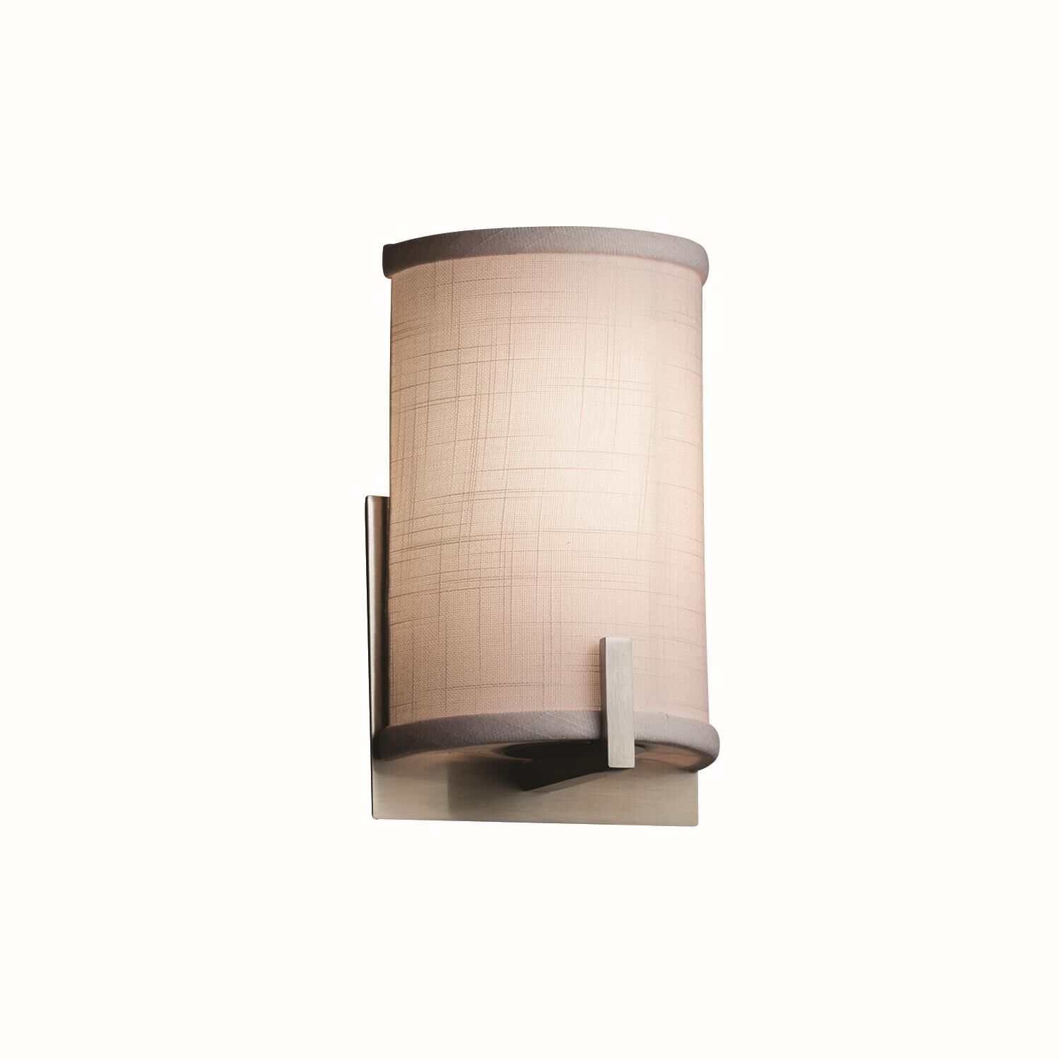 Shown in Brushed Nickel finish and White Woven Fabric shade