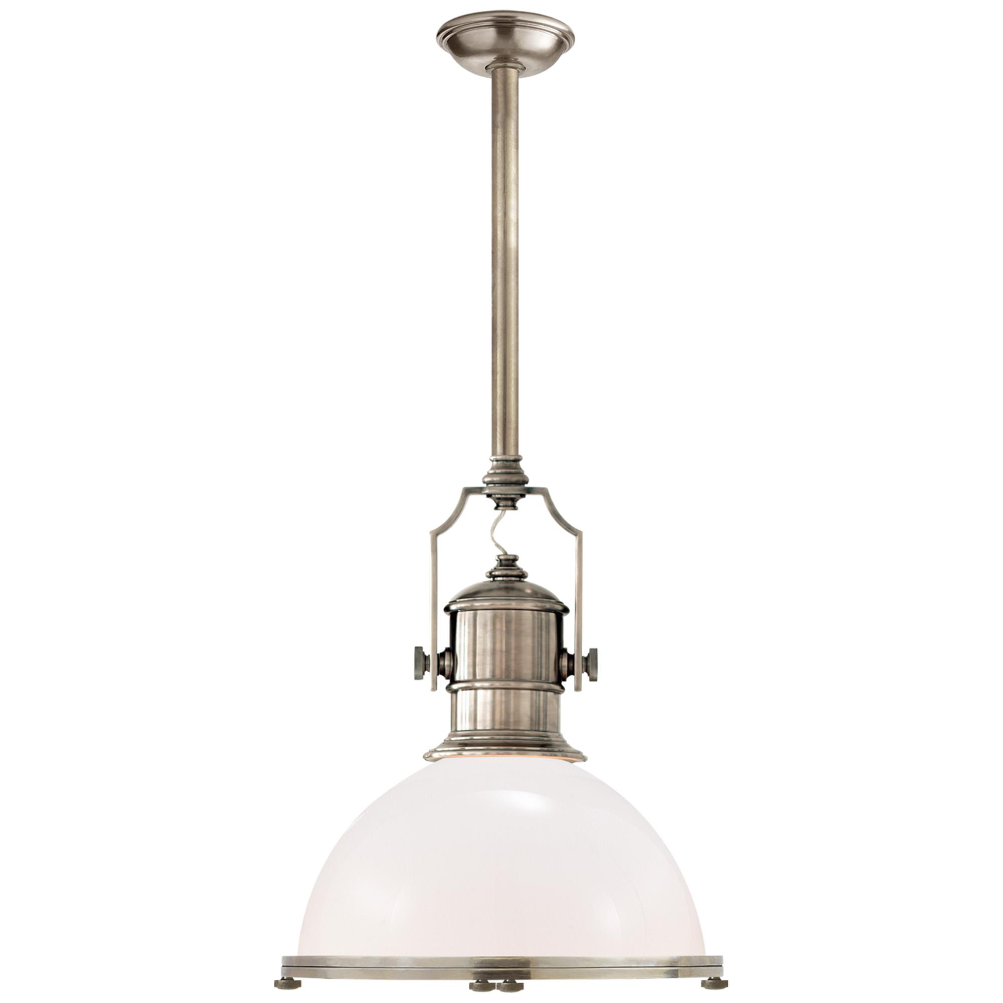 Shown in Antique Nickel finish and White Glass shade