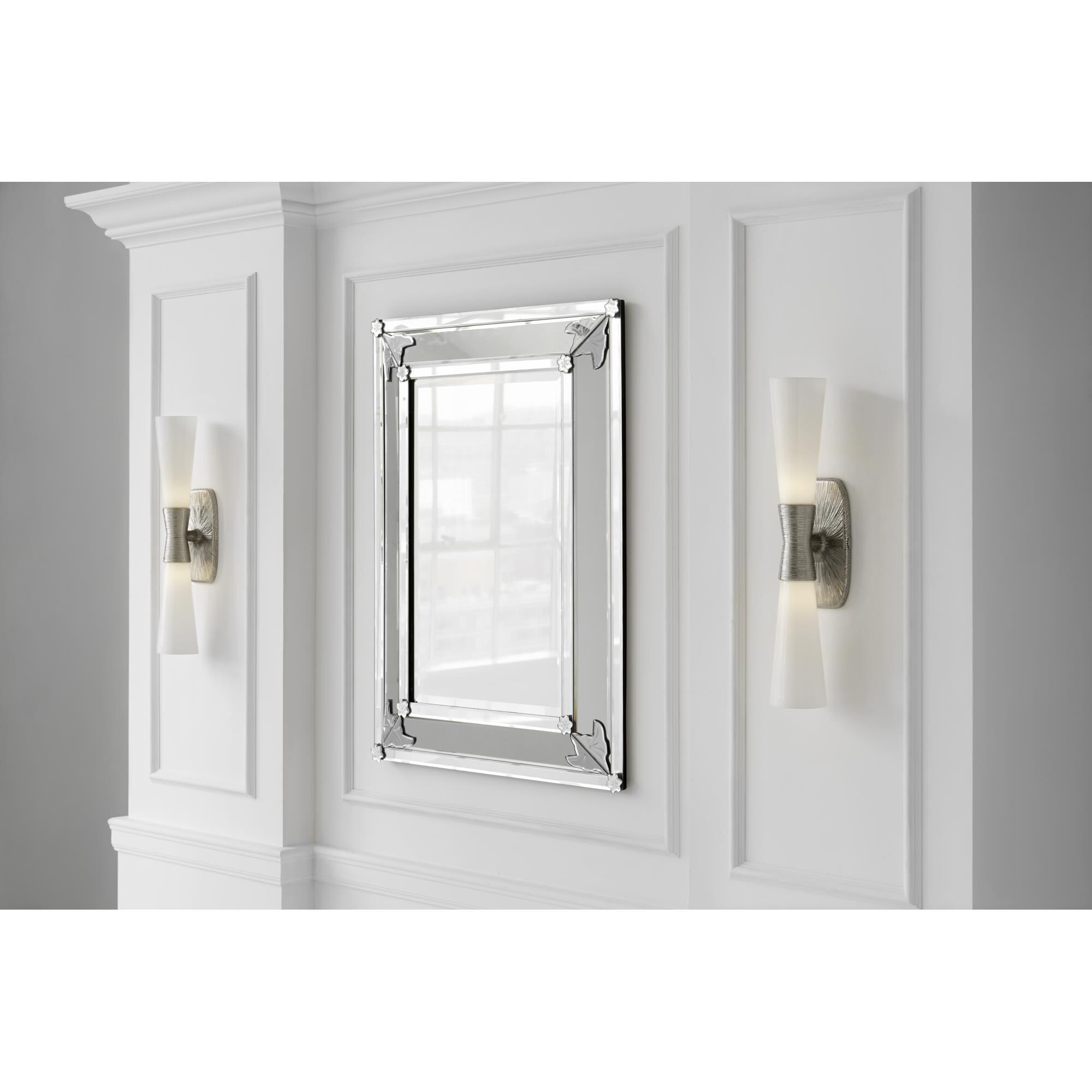 Shown in Polished Nickel finish and White glass