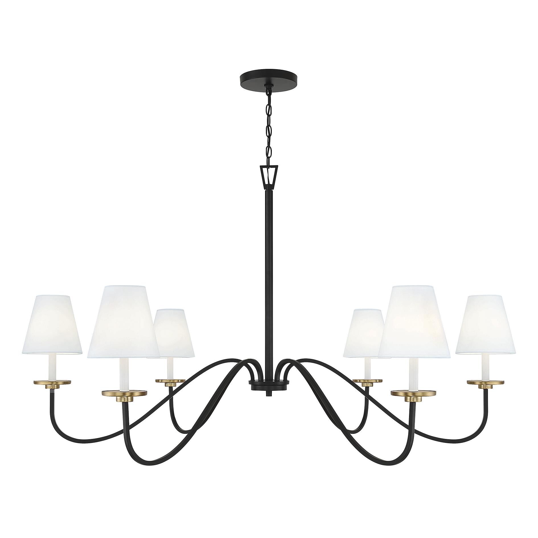 Shown in Black With Natural Brass Accents finish and White Linen Fabric shade