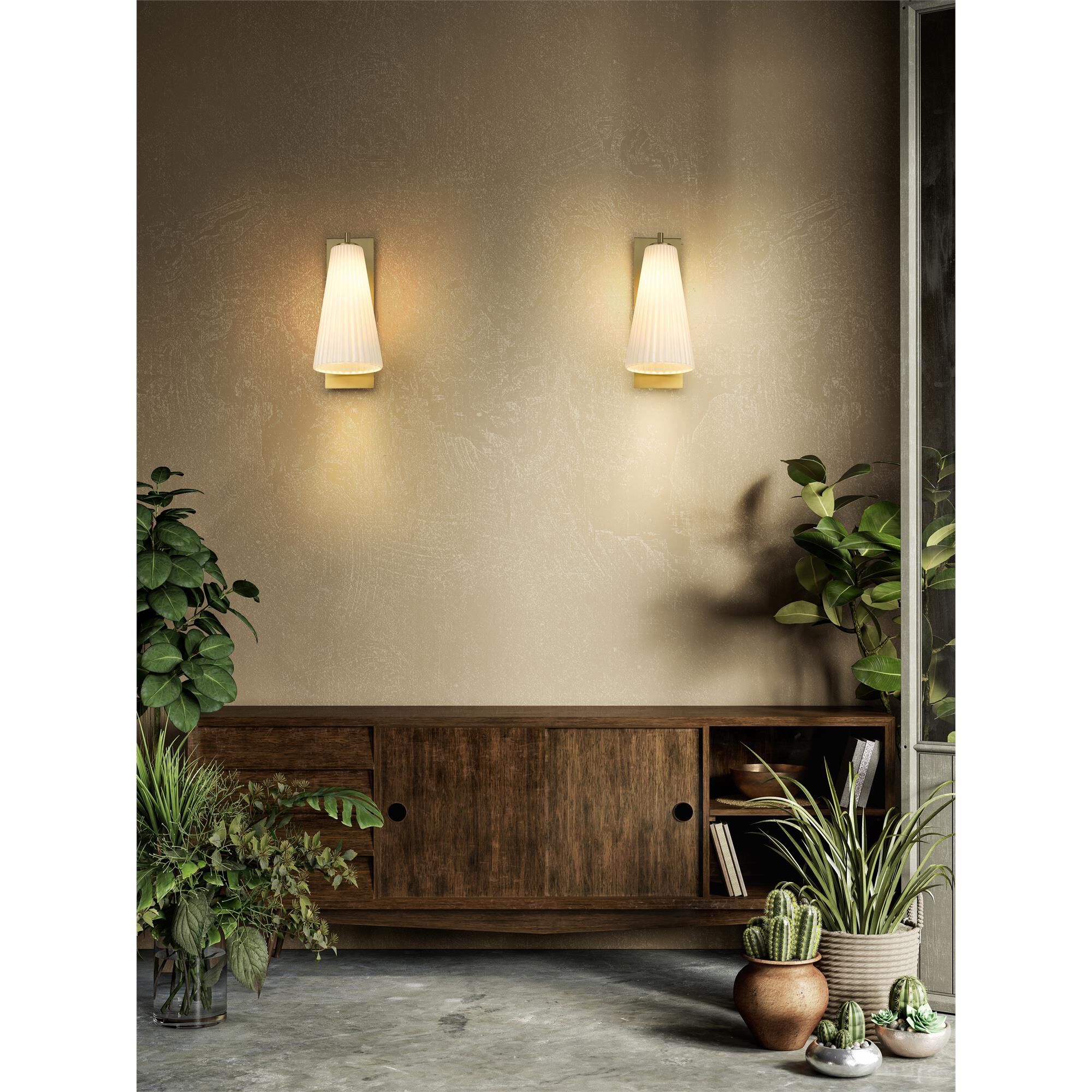 Shown in Modern Gold finish and White glass and White shade