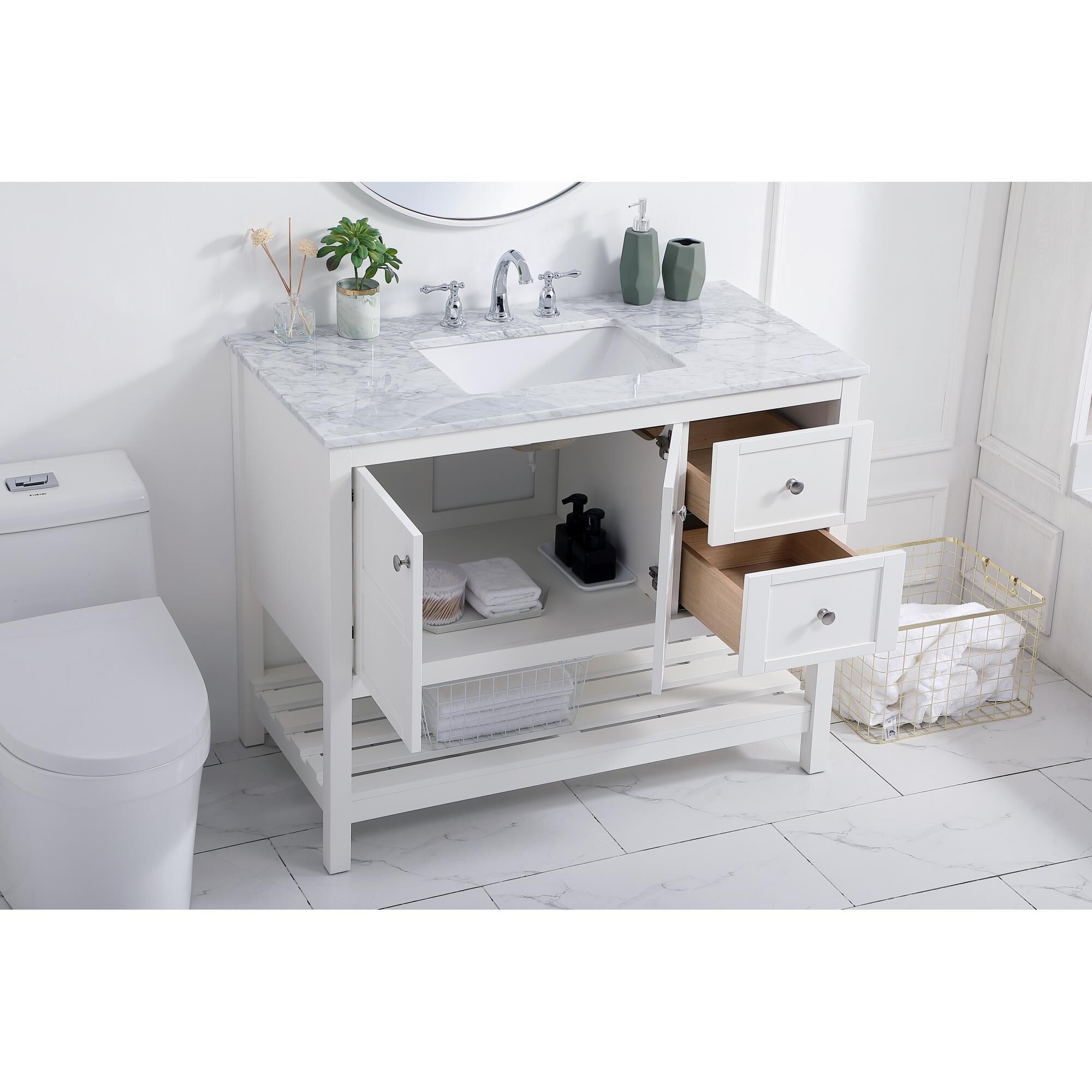 Shown in White And Brushed Nickel With Carrara White Marble finish