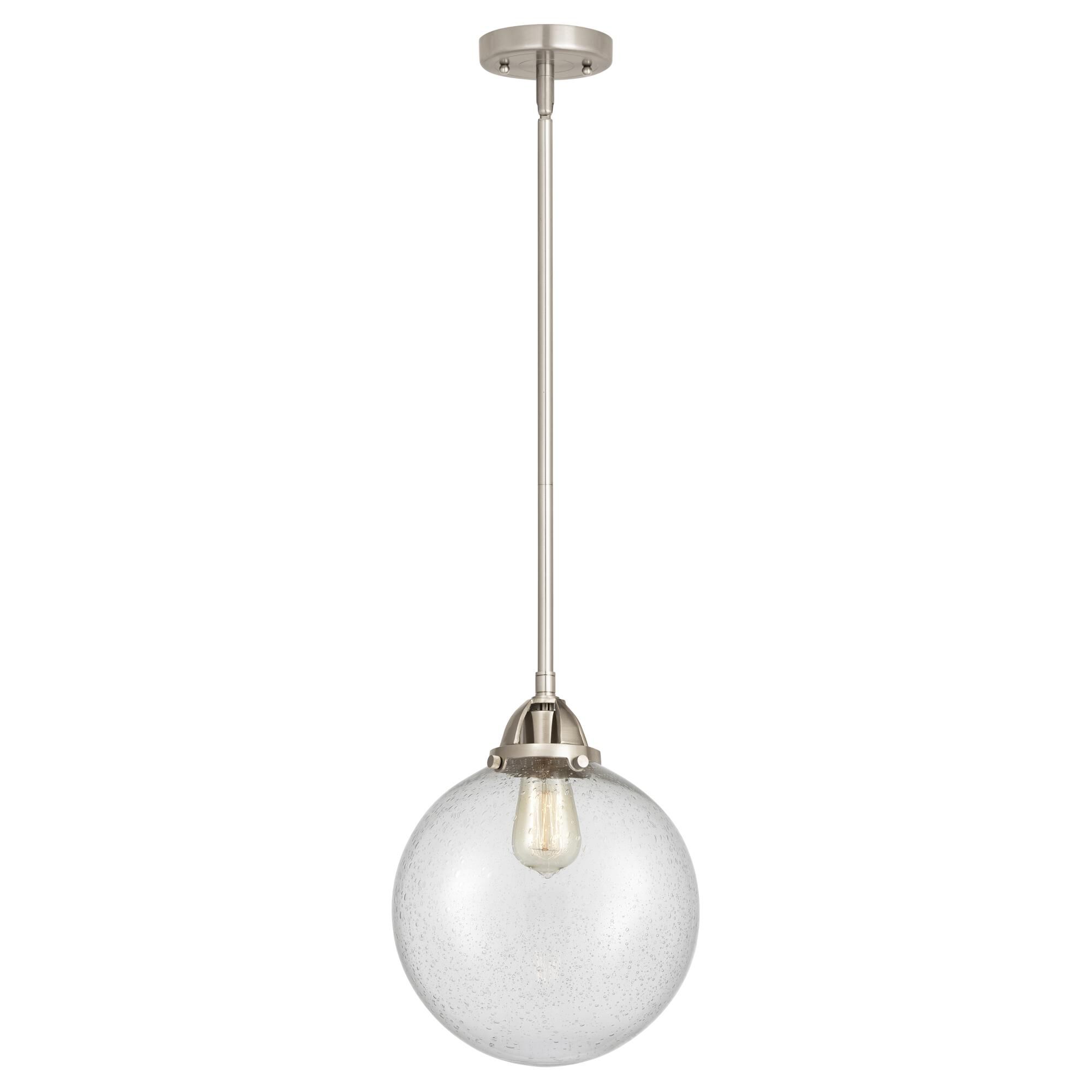Shown in Brushed Satin Nickel finish and Seedy Globe glass and No Shade shade