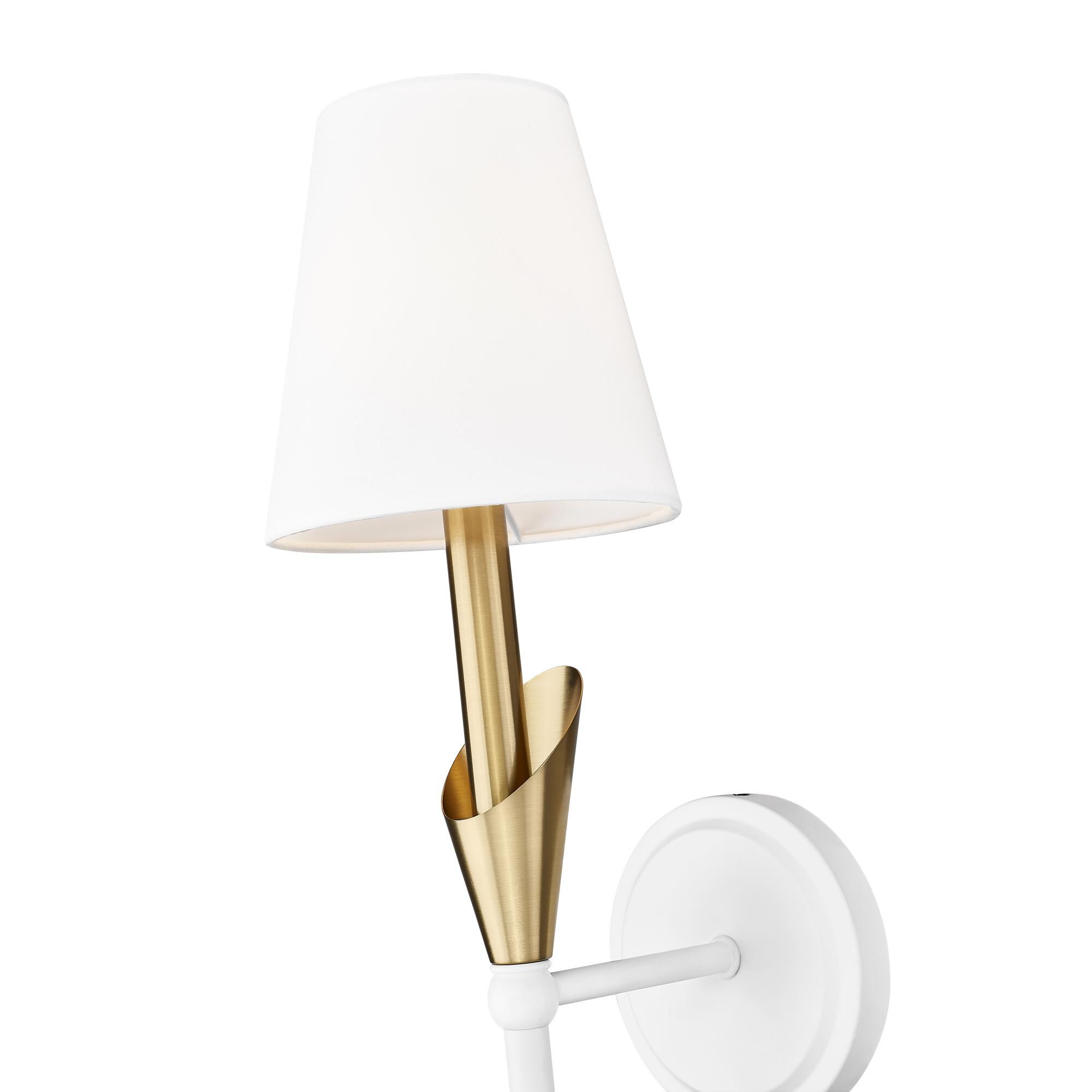Shown in Textured White And Modern Gold finish and White glass and White shade