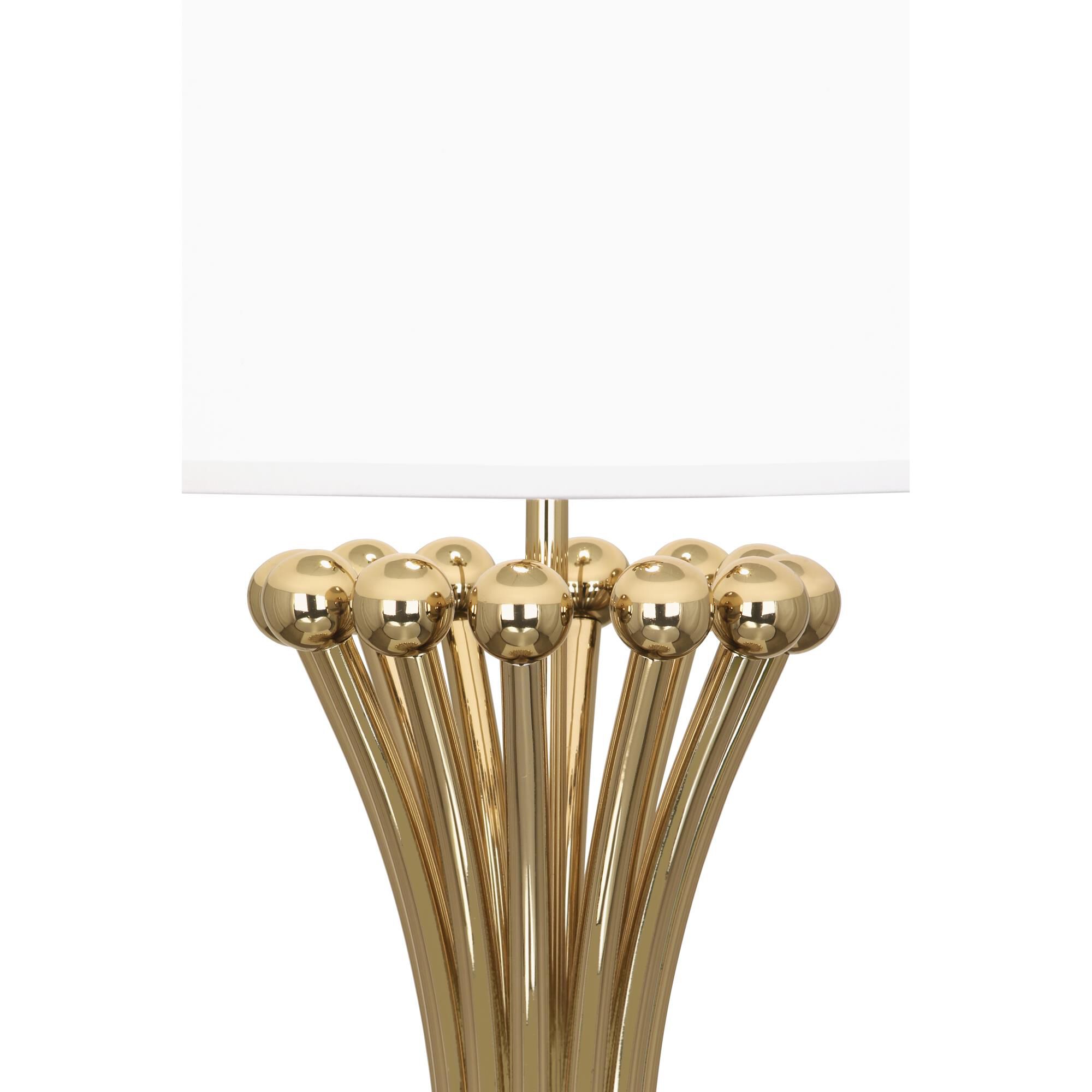 Shown in Polished Brass  finish and Ascot White Fabric shade