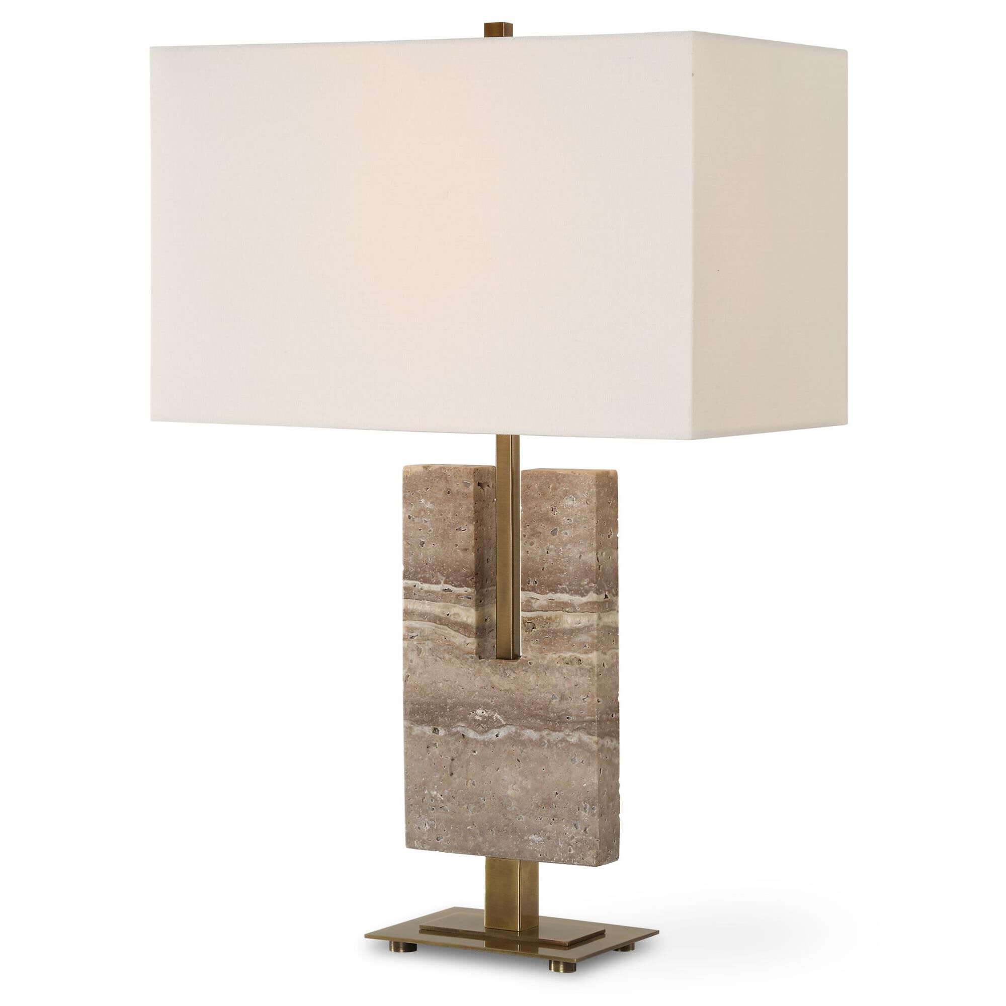 Shown in This Striking Lamp Features A U-Shaped Unfilled Honed Travertine Design, Artfully Displayed On An Sl finish and Rectangle Fabric shade