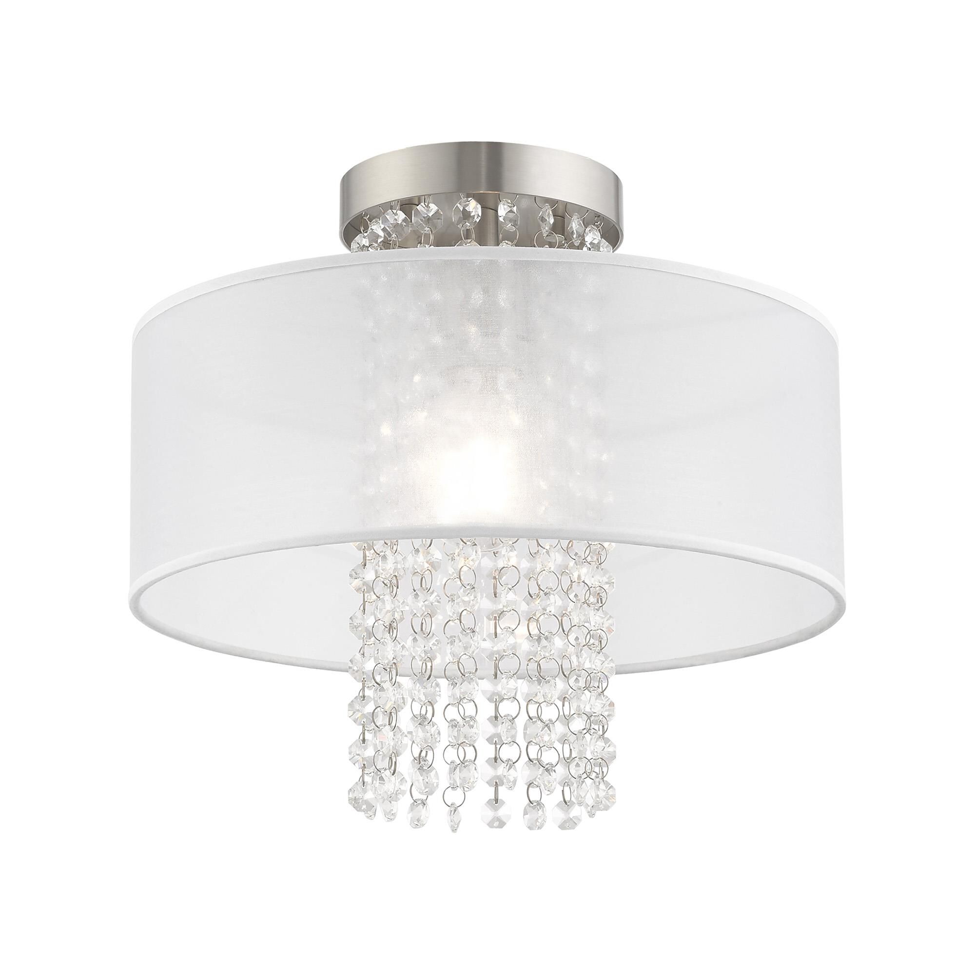 Shown in Brushed Nickel finish and Clear Crystals with Hand Crafted Translucent Fabric shade
