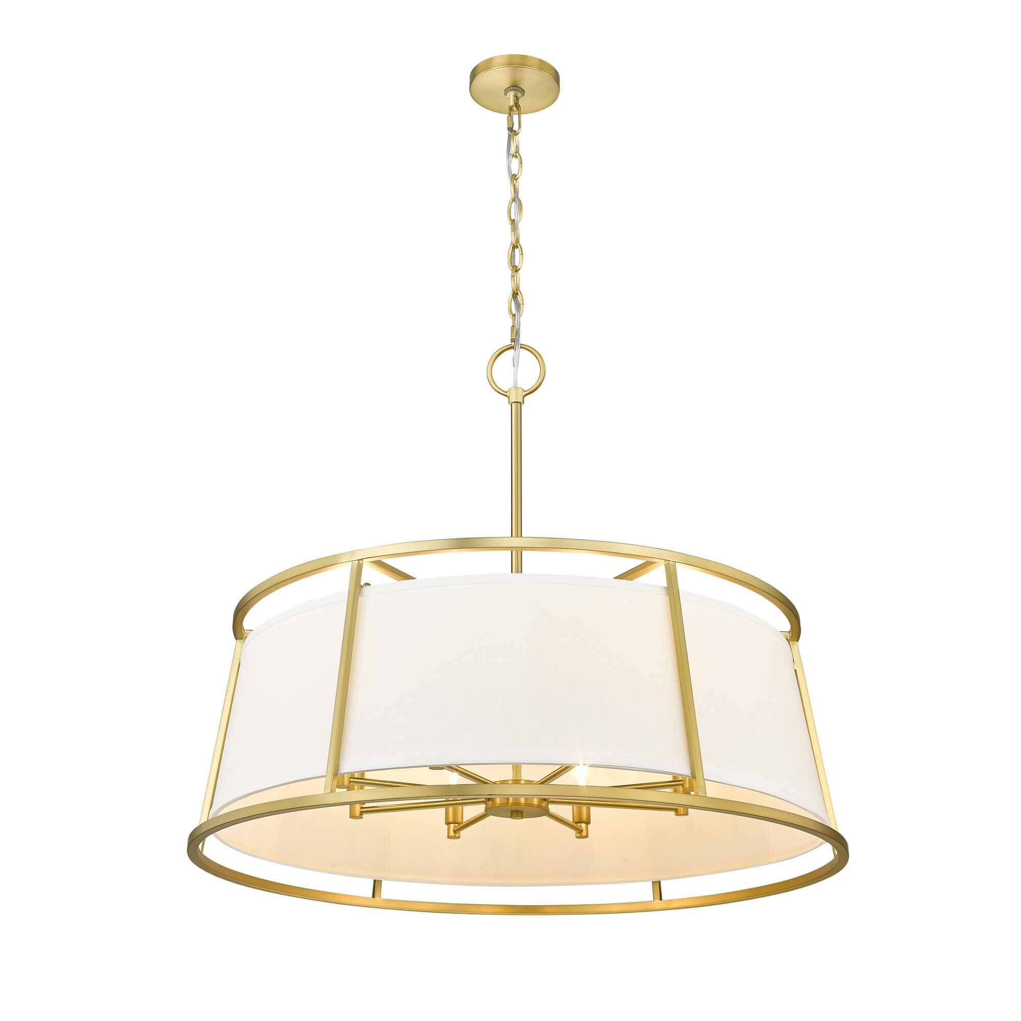 Shown in Rubbed Brass finish and White Fabric shade