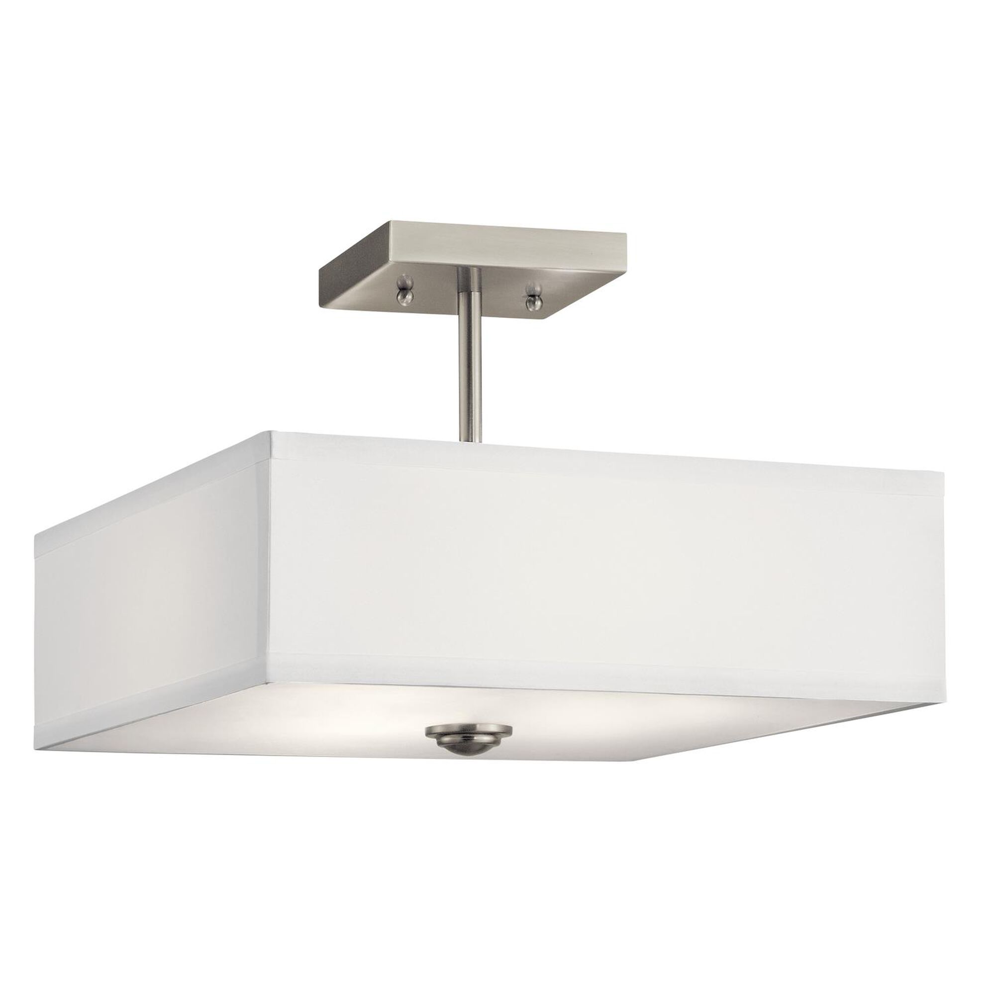 Shown in Brushed Nickel finish and Satin Etched Diffuser glass and White Microfiber shade