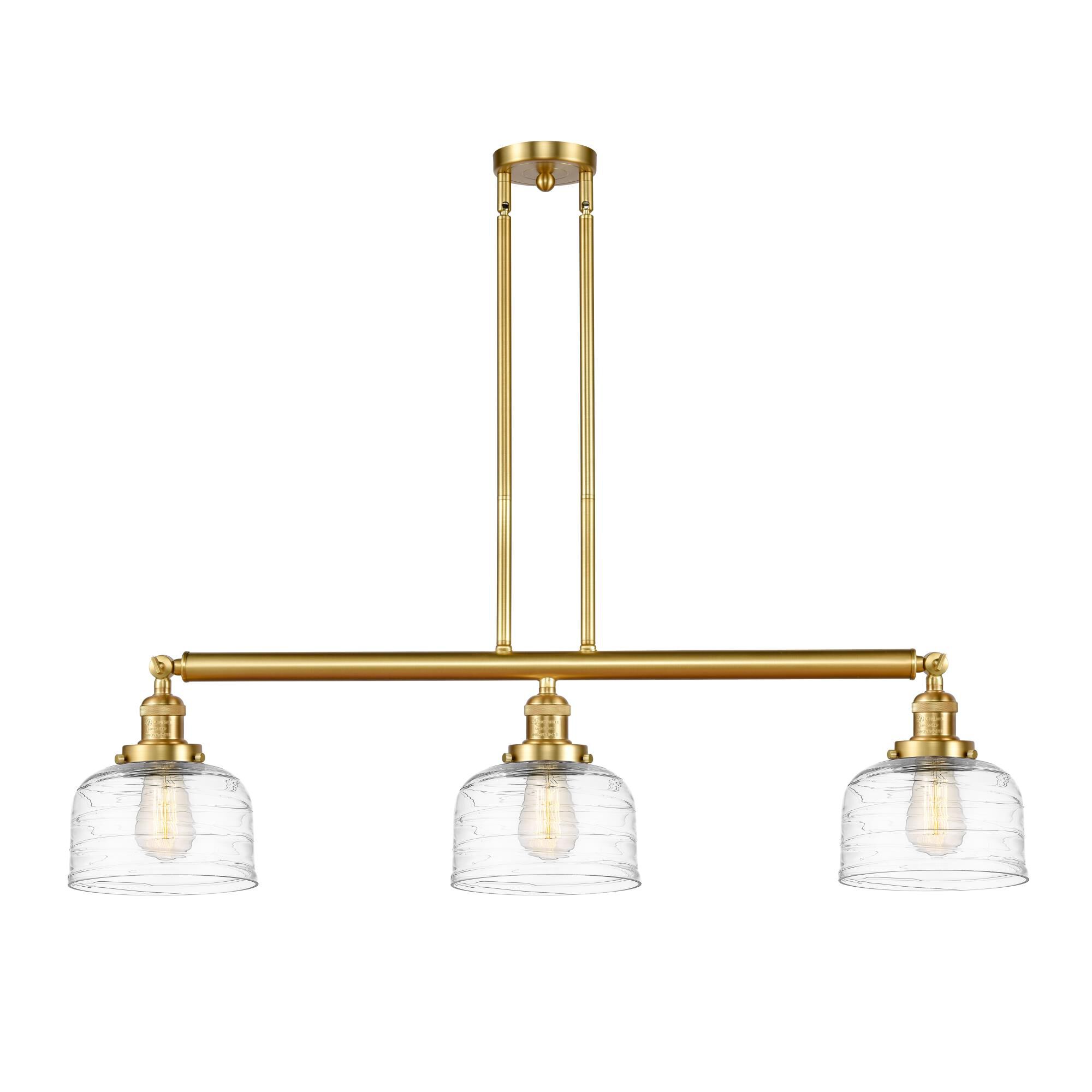 Shown in Satin Gold finish and Clear Deco Swirl Large Bell glass
