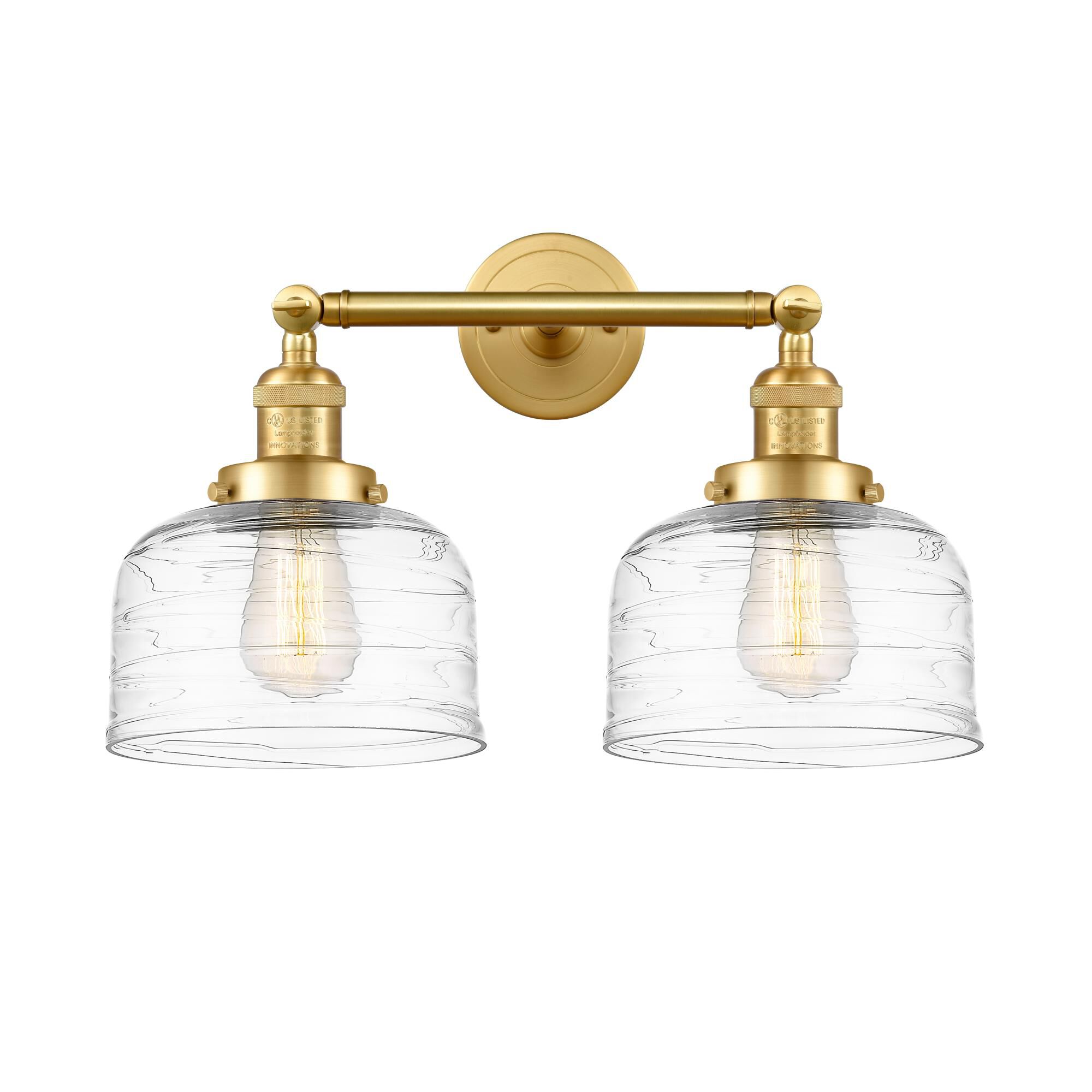 Shown in Satin Gold finish and Clear Deco Swirl Large Bell glass