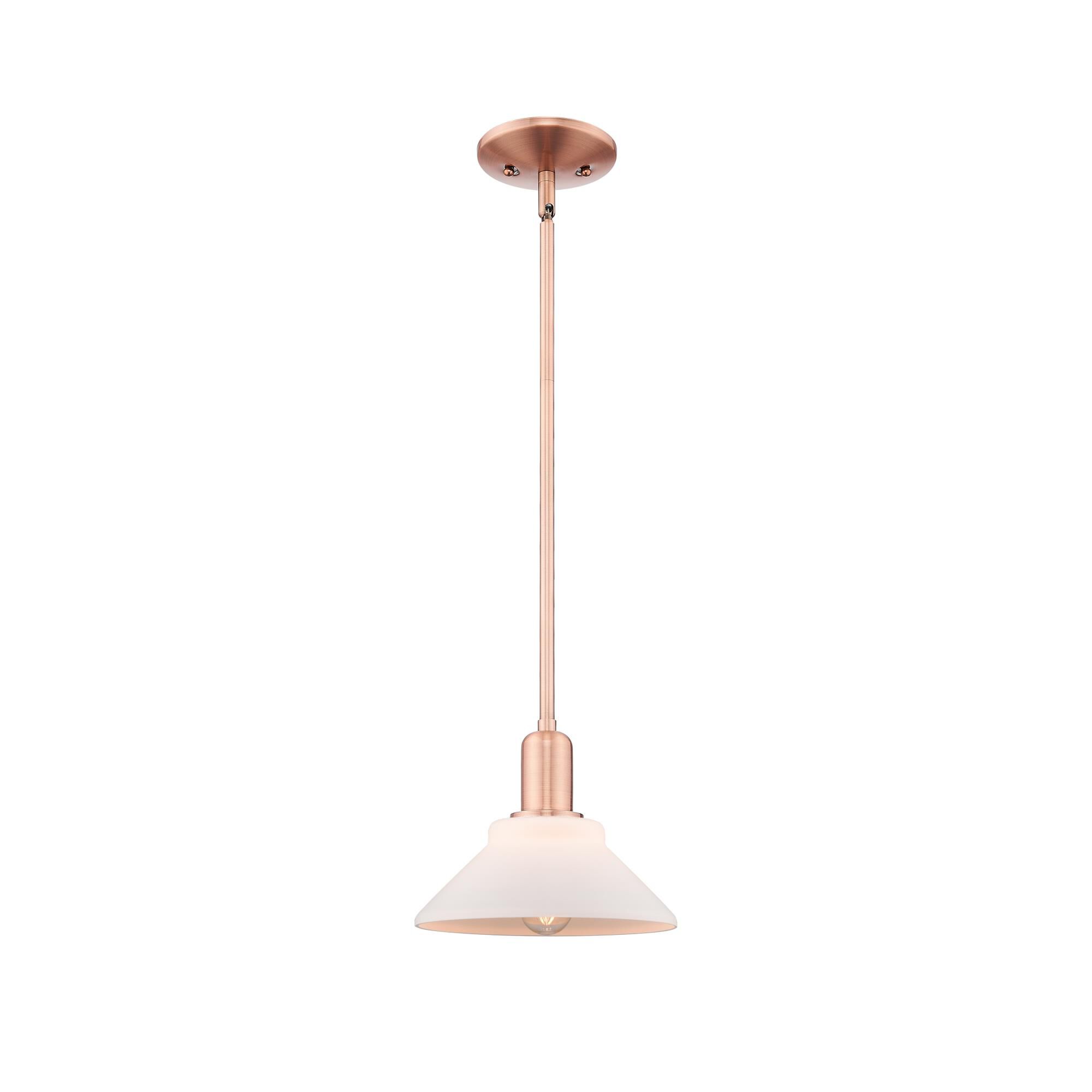 Shown in Antique Copper finish and Matte White glass