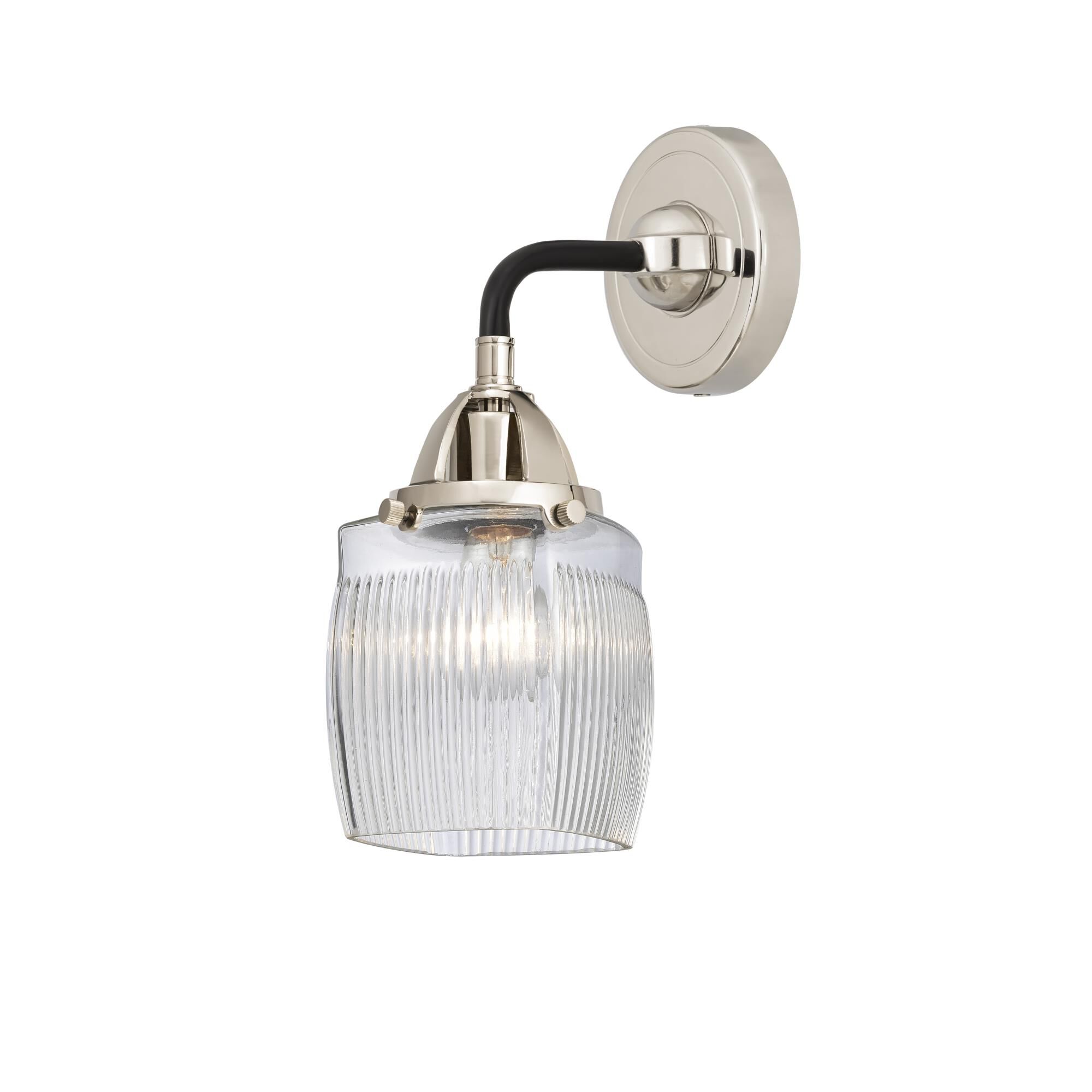 Shown in Black Polished Nickel finish and Thick Clear Halophane Colton glass and No Shade shade