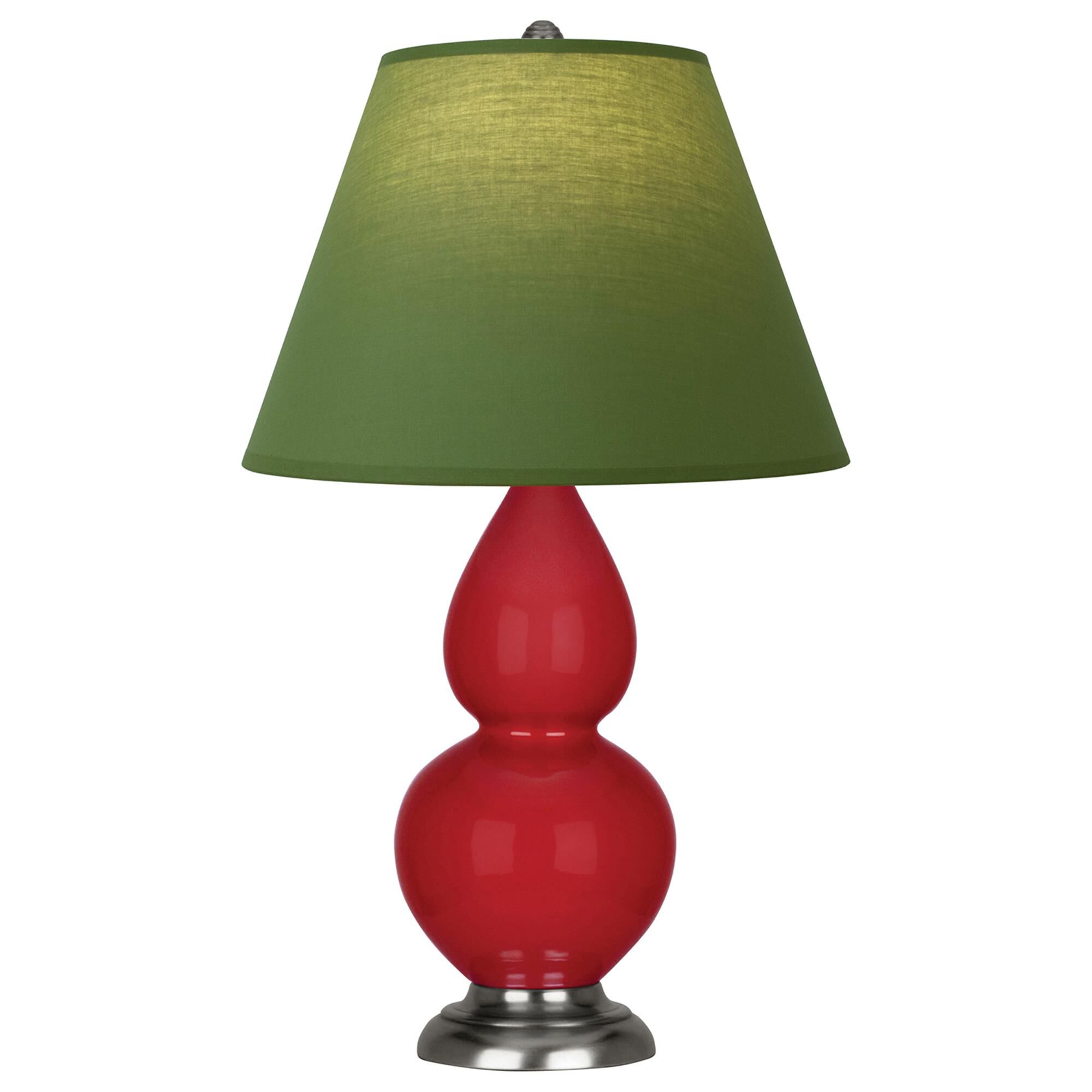 Shown in Ruby Red finish and Tea Green and Taupe shade and Antique Silver accent