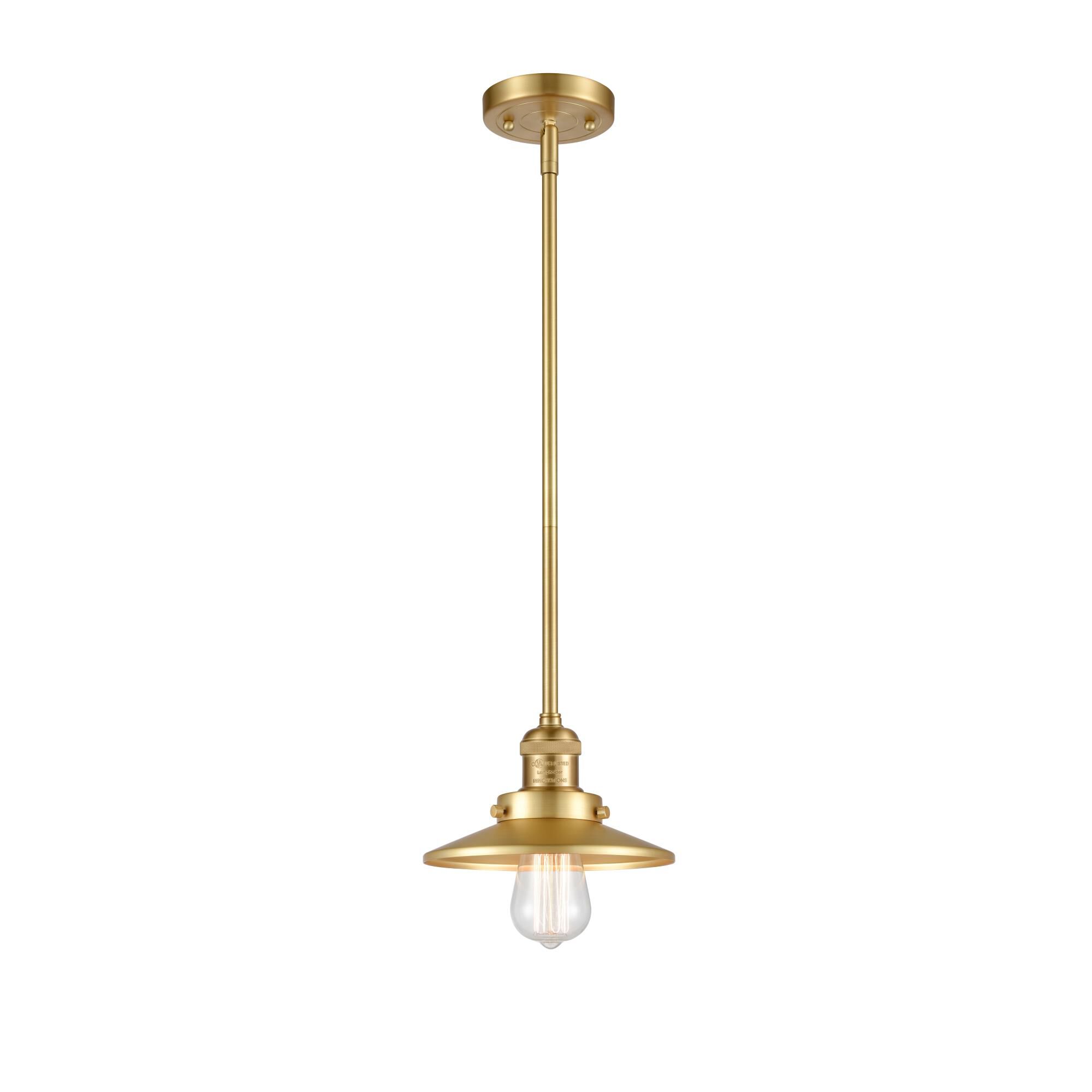 Shown in Satin Gold finish and Satin Gold Railroad shade