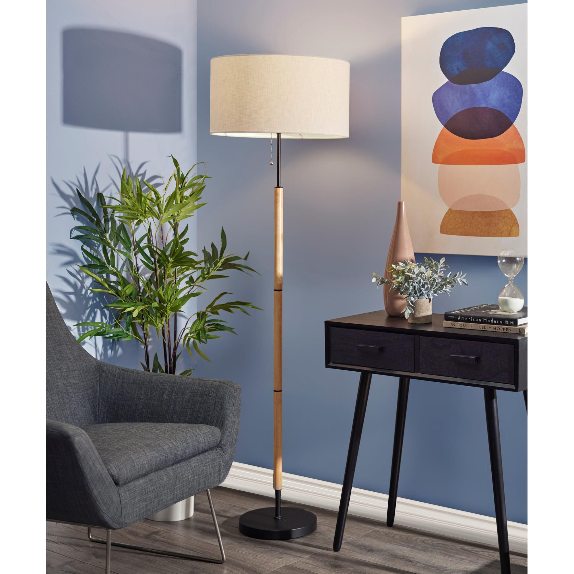 Shown in Natural Wood W. Black Metal finish and Off-White Textured Fabric shade