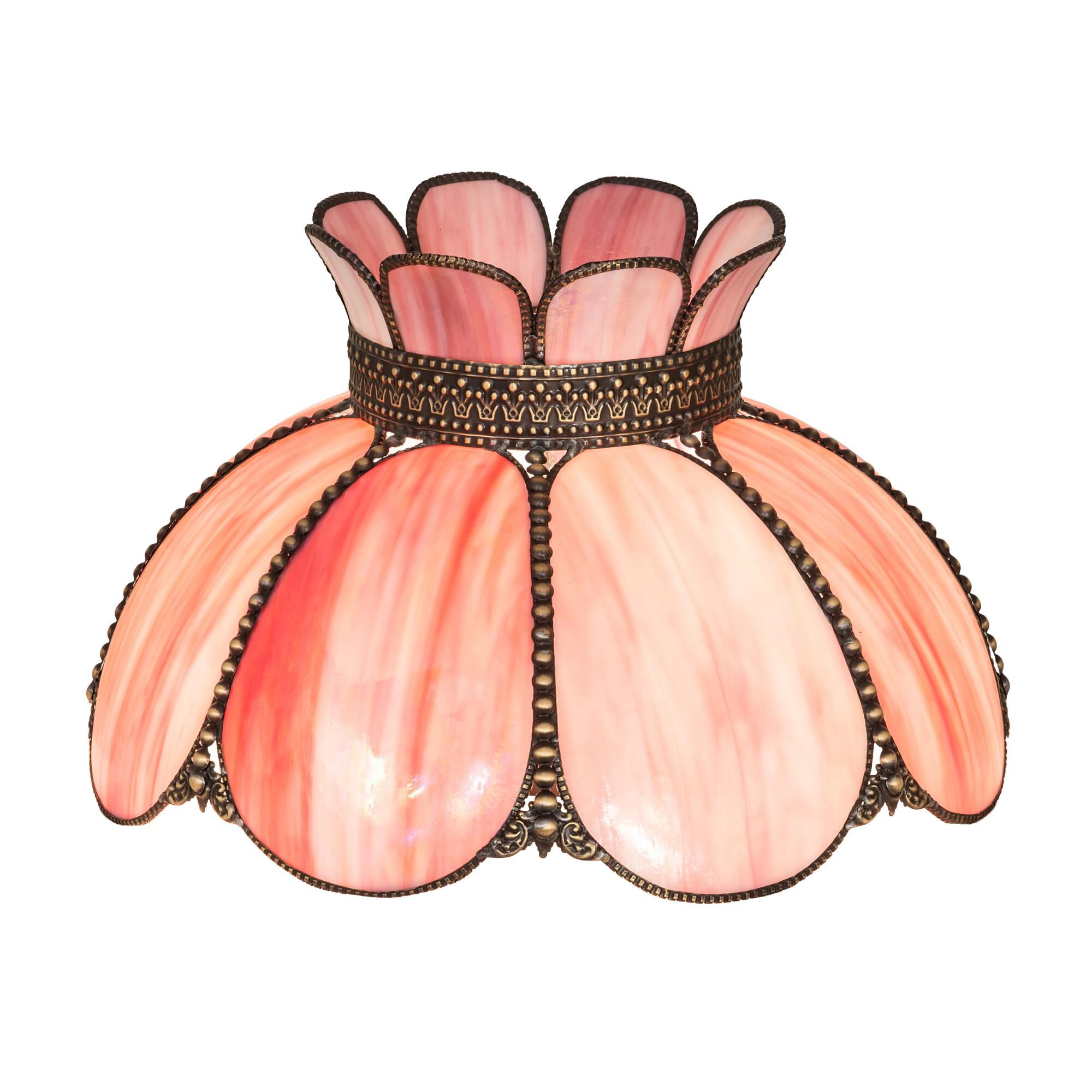 Shown in Antique Finish finish and Pink;Mauve;Iridescent glass