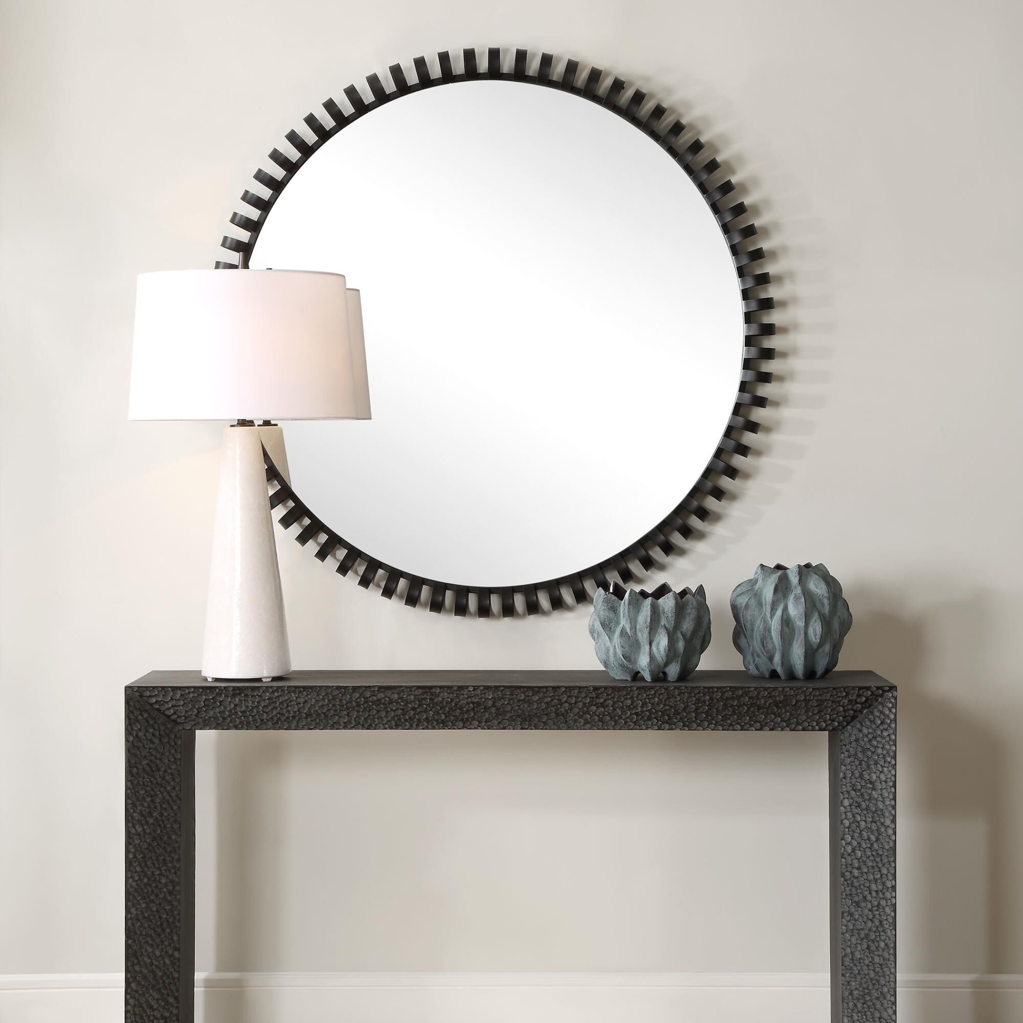 Shown in This Large Round Mirror Is Crafted From Solid Iron And Elegantly Finished In Satin Black. Its Comman finish