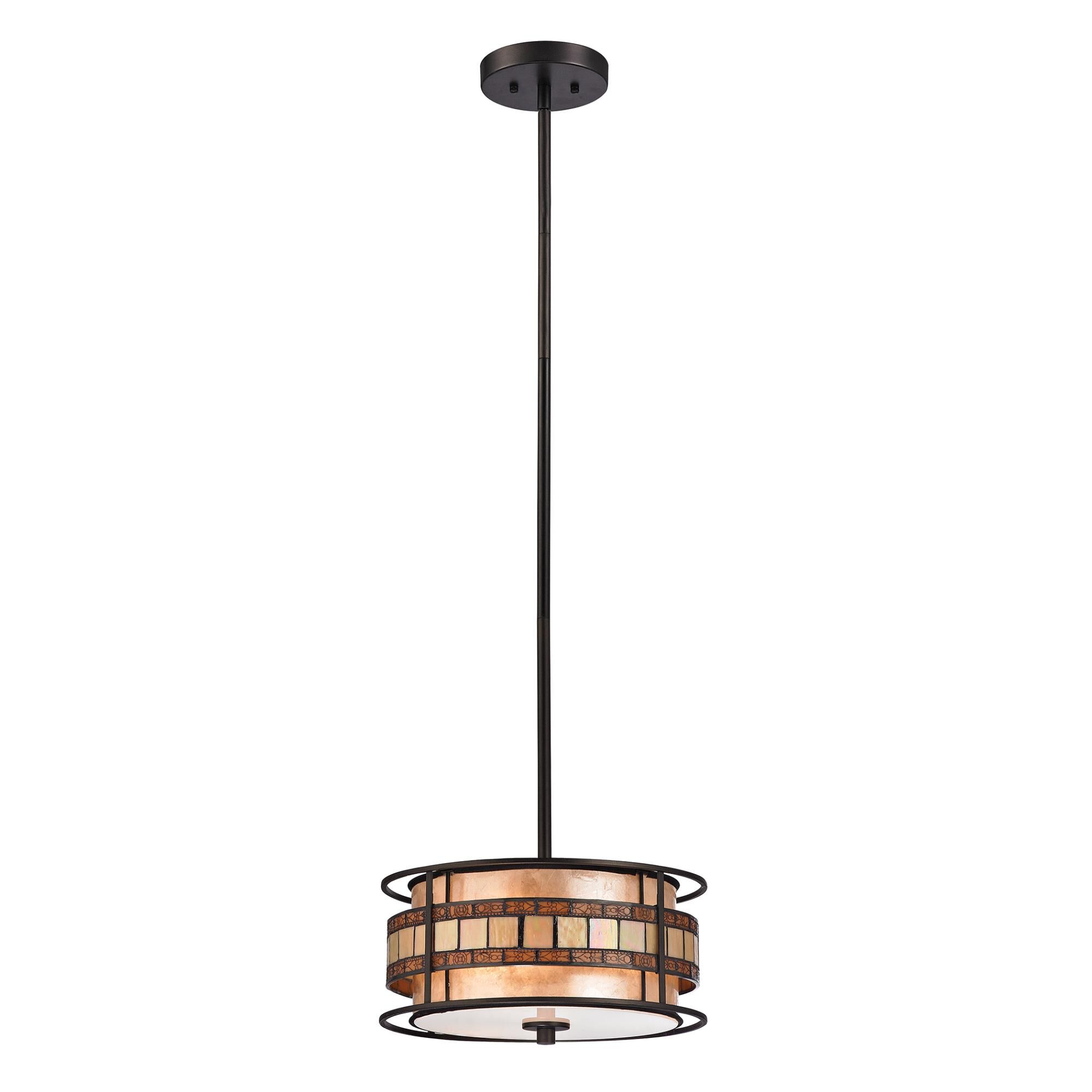 Shown in Tiffany Bronze finish and Tan and Brown Tiffany glass and Tan Mica shade 