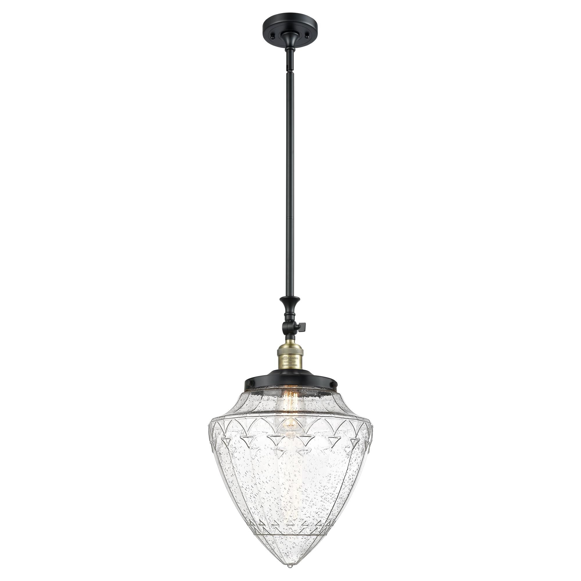 Shown in Black Antique Brass finish and Seedy glass