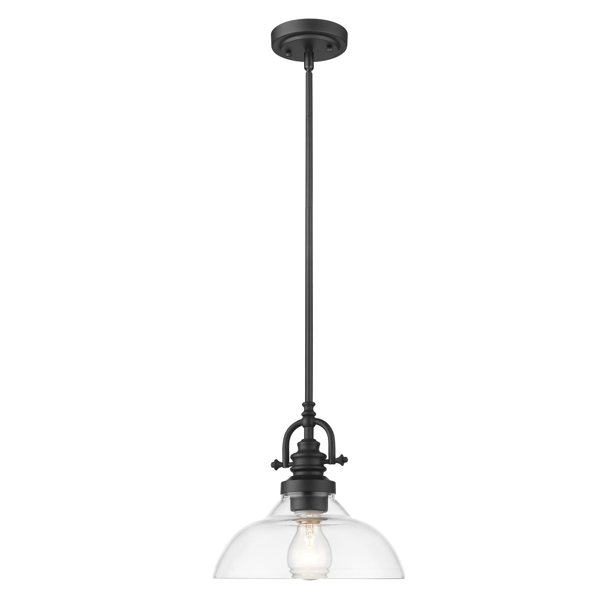 Shown in Matte Black finish and Clear glass and Clear Glass Dome Shaped shade