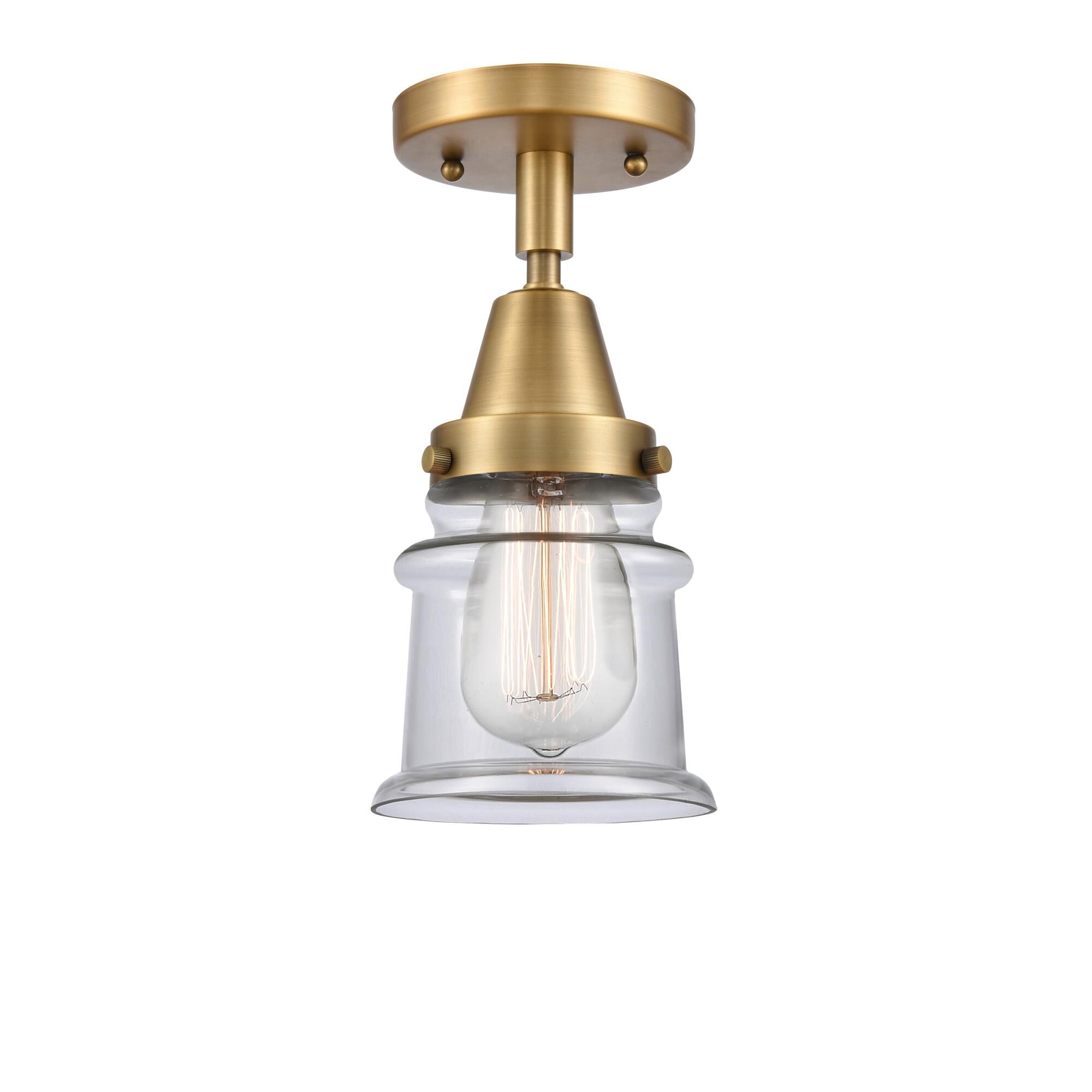 Shown in Brushed Brass finish and Clear Canton glass