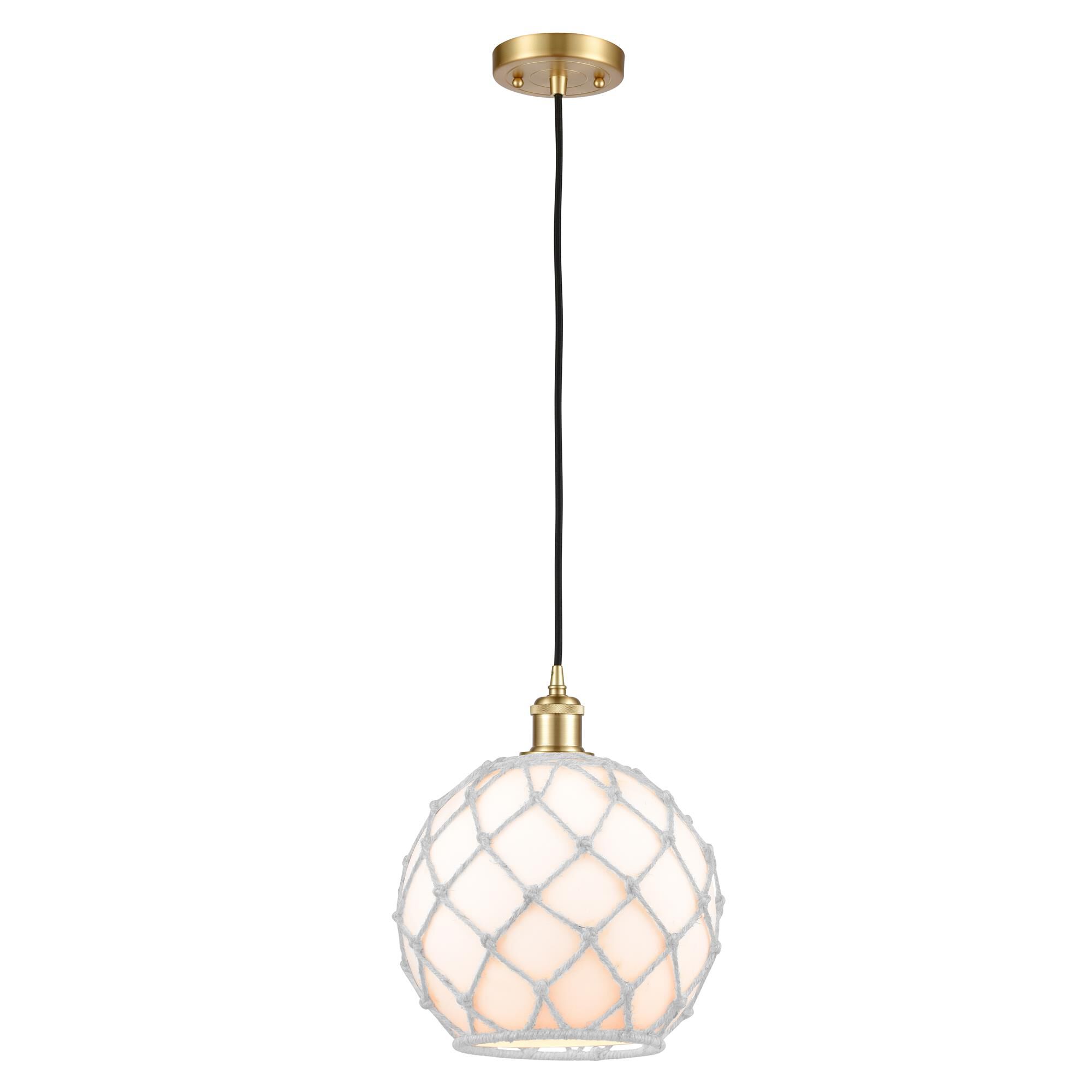 Shown in Satin Gold finish and White Large Farmhousewith White Rope glass