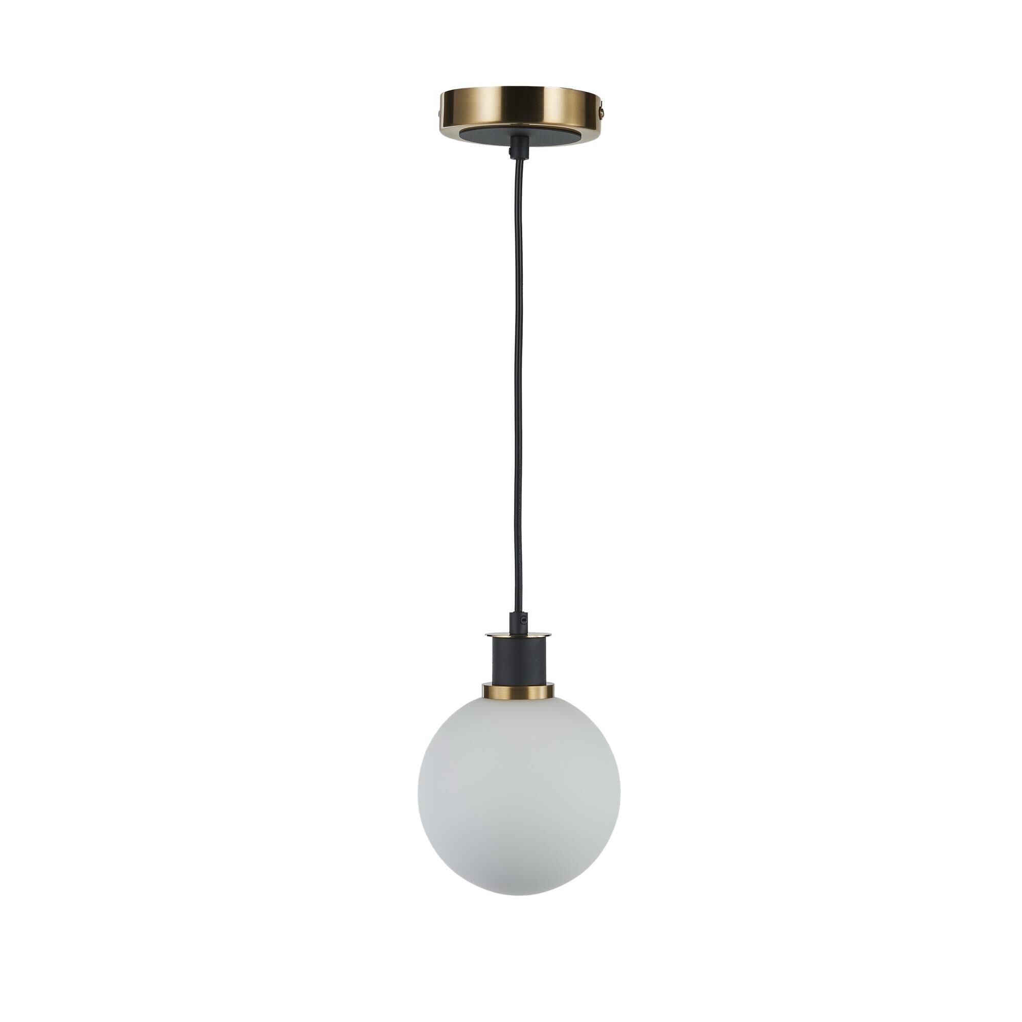 Shown in Black and Brushed Brass finish and White glass