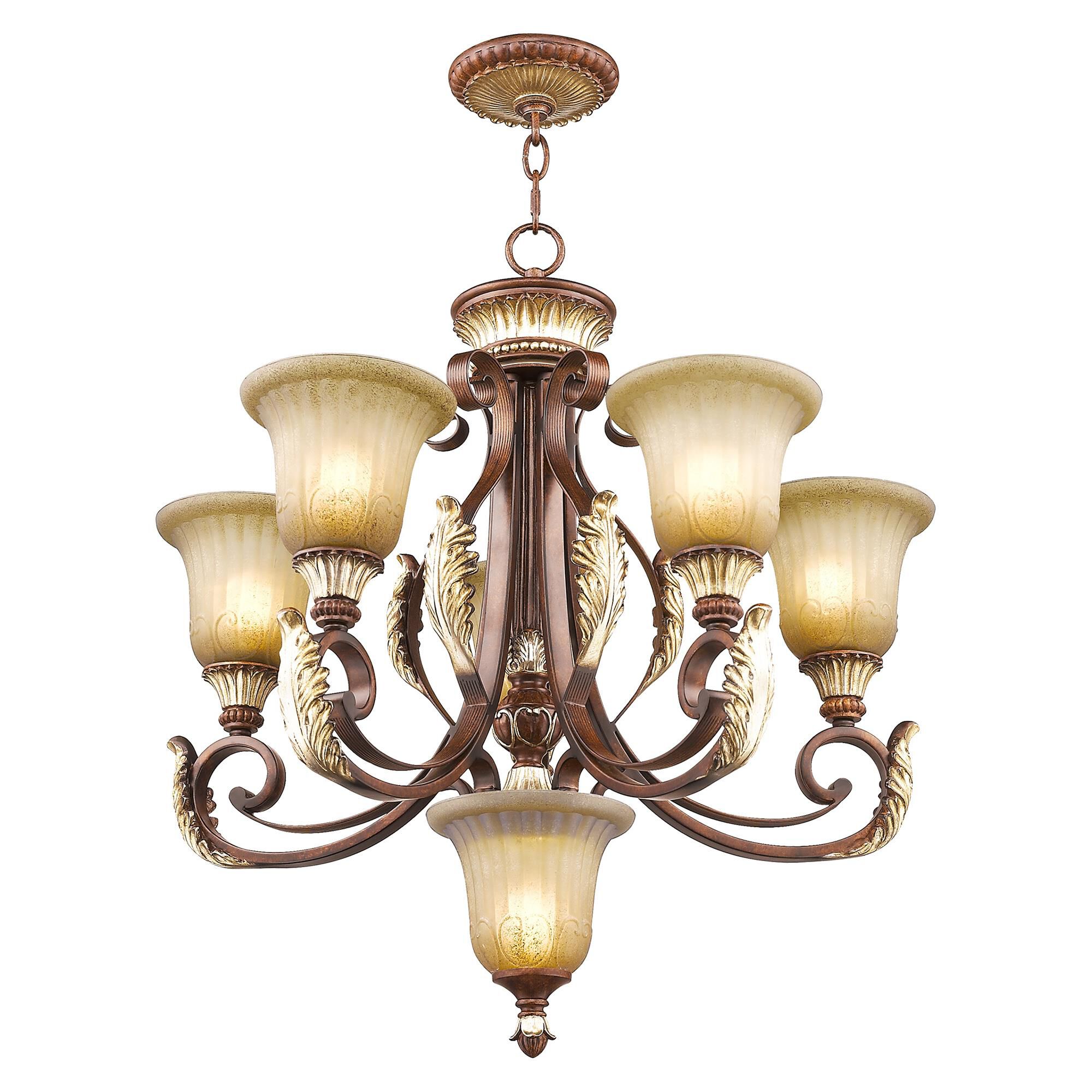 Shown in Verona Bronze-Aged Gold Leaf Accents finish and Rustic Art glass