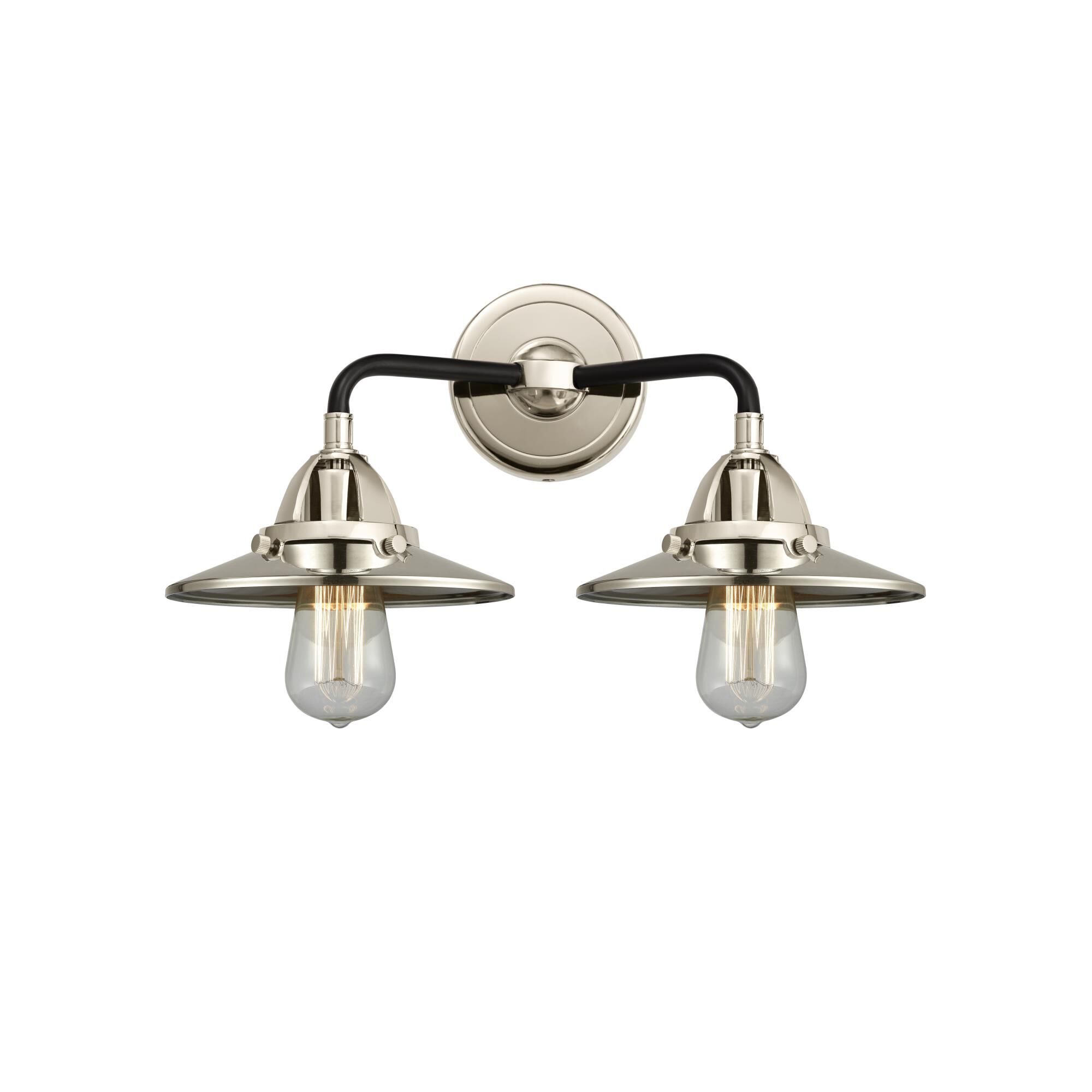 Shown in Black Polished Nickel finish and No Glass glass and Polished Nickel Railroad shade