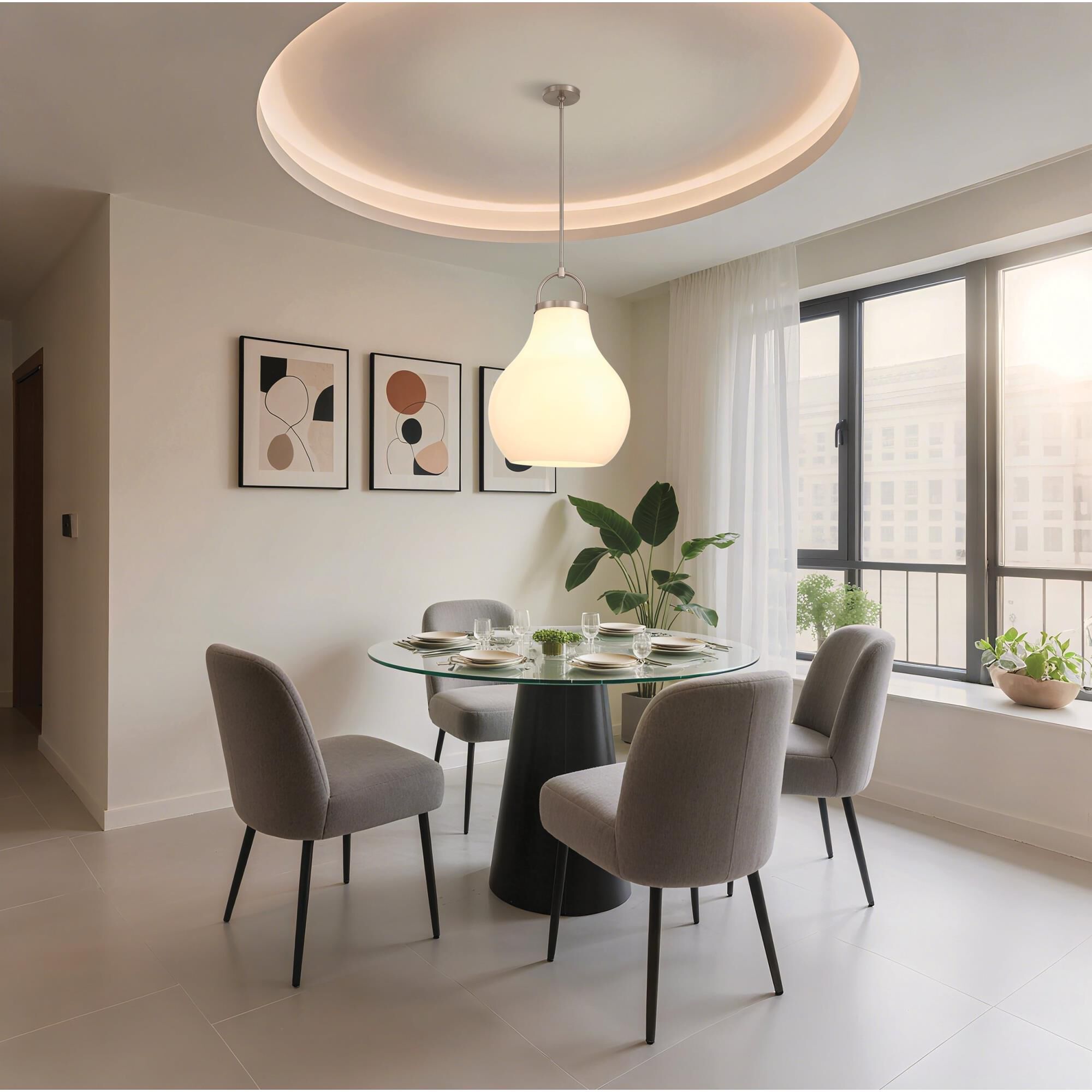 Shown in Champagne Gold finish and Opal glass