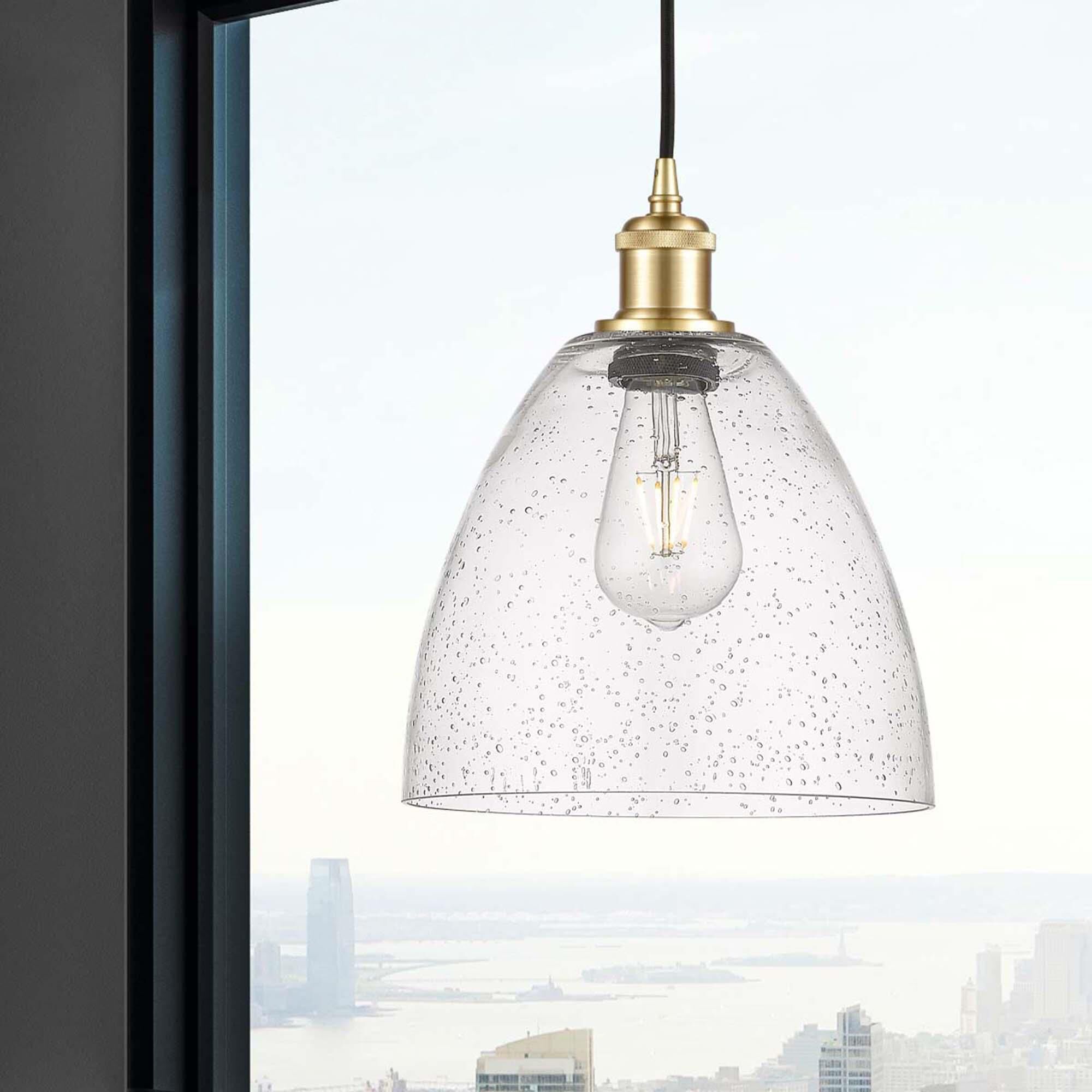 Shown in Satin Gold finish and Seedy glass