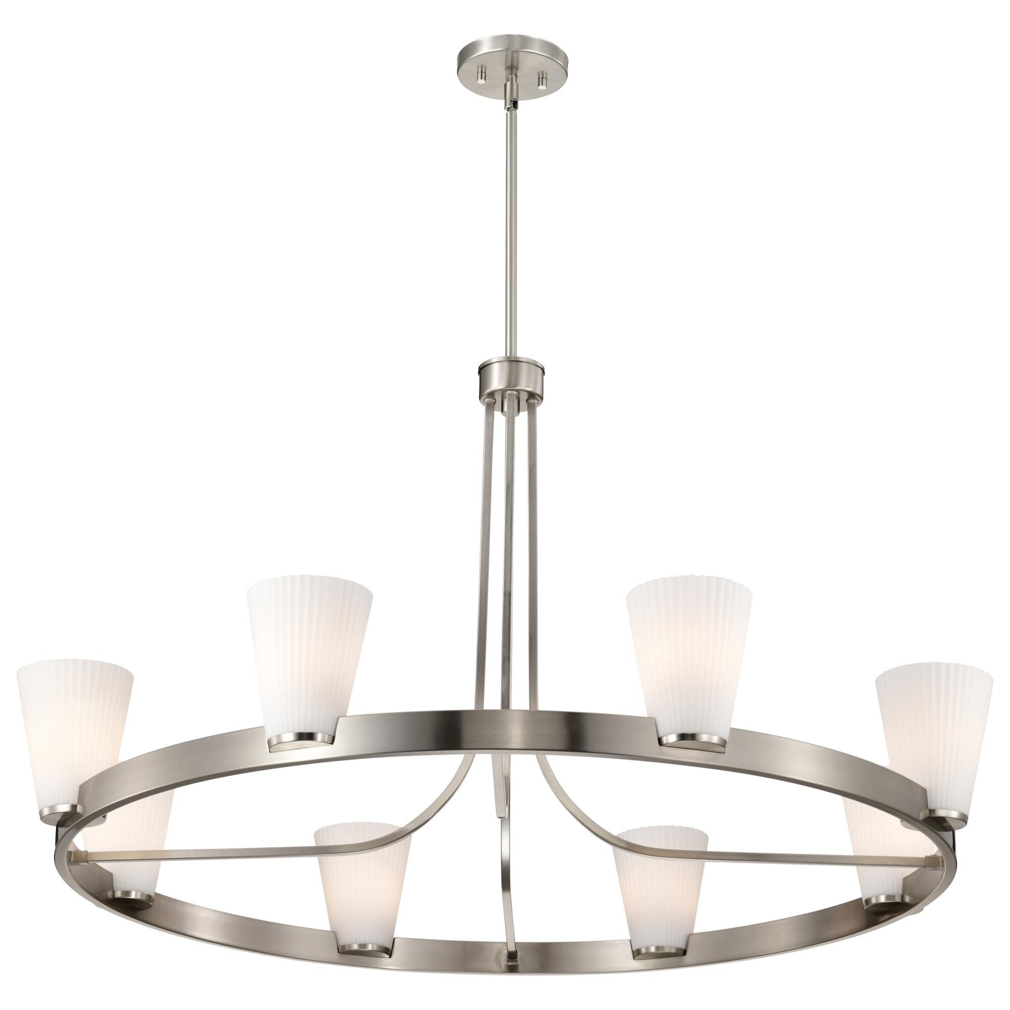 Shown in Brushed Nickel finish and Ribbed White glass