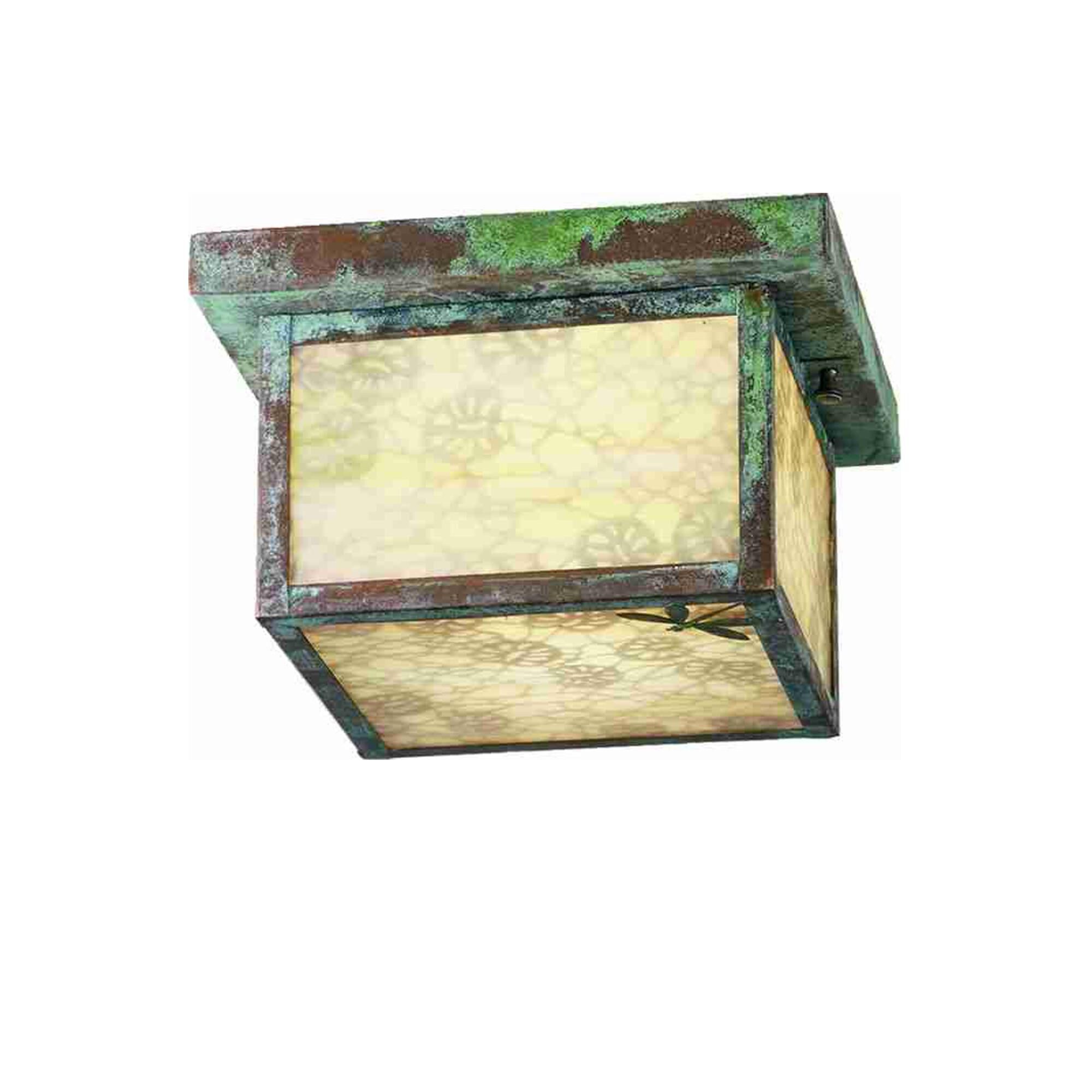 Shown in Verdigris finish and Iridized Beige glass