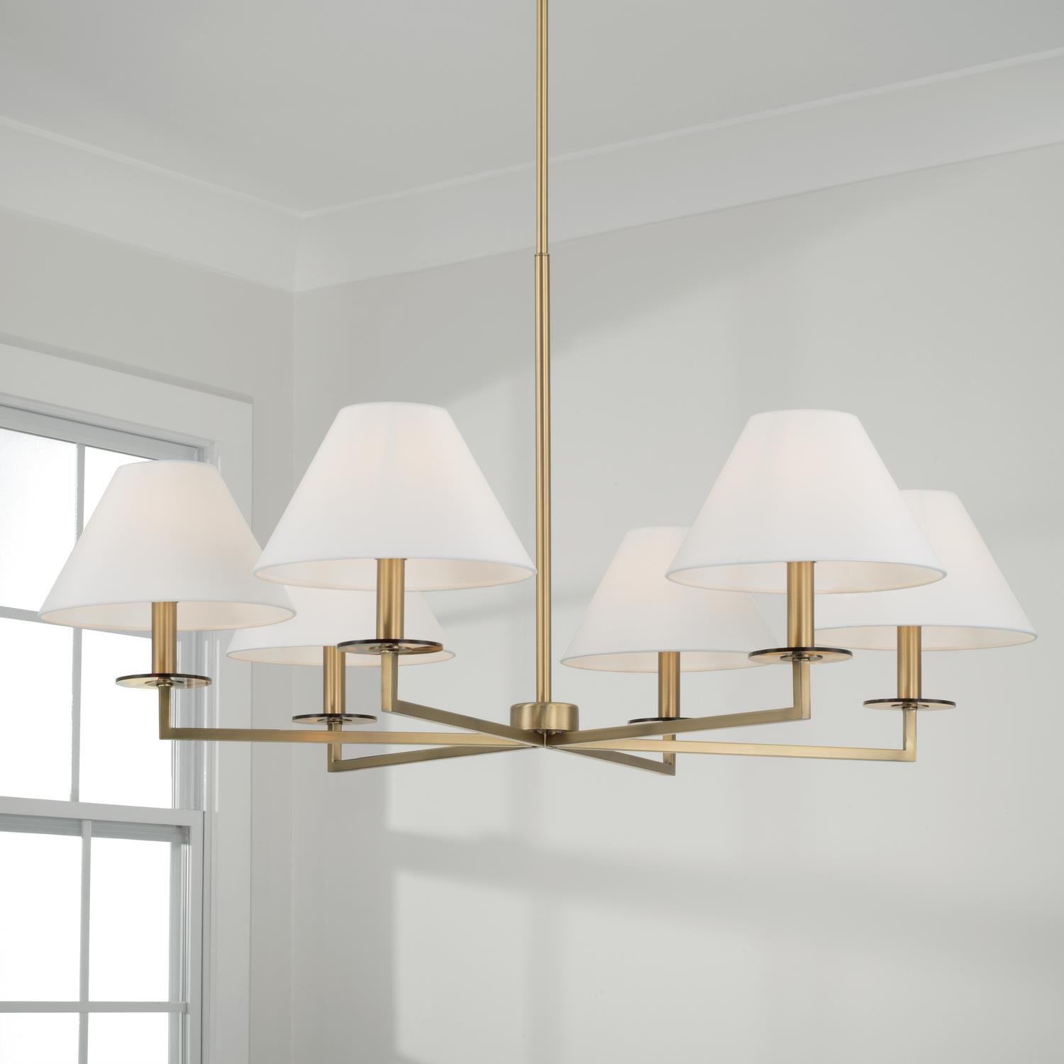 Shown in Aged Brass finish and White Fabric Stay-Straight s shade